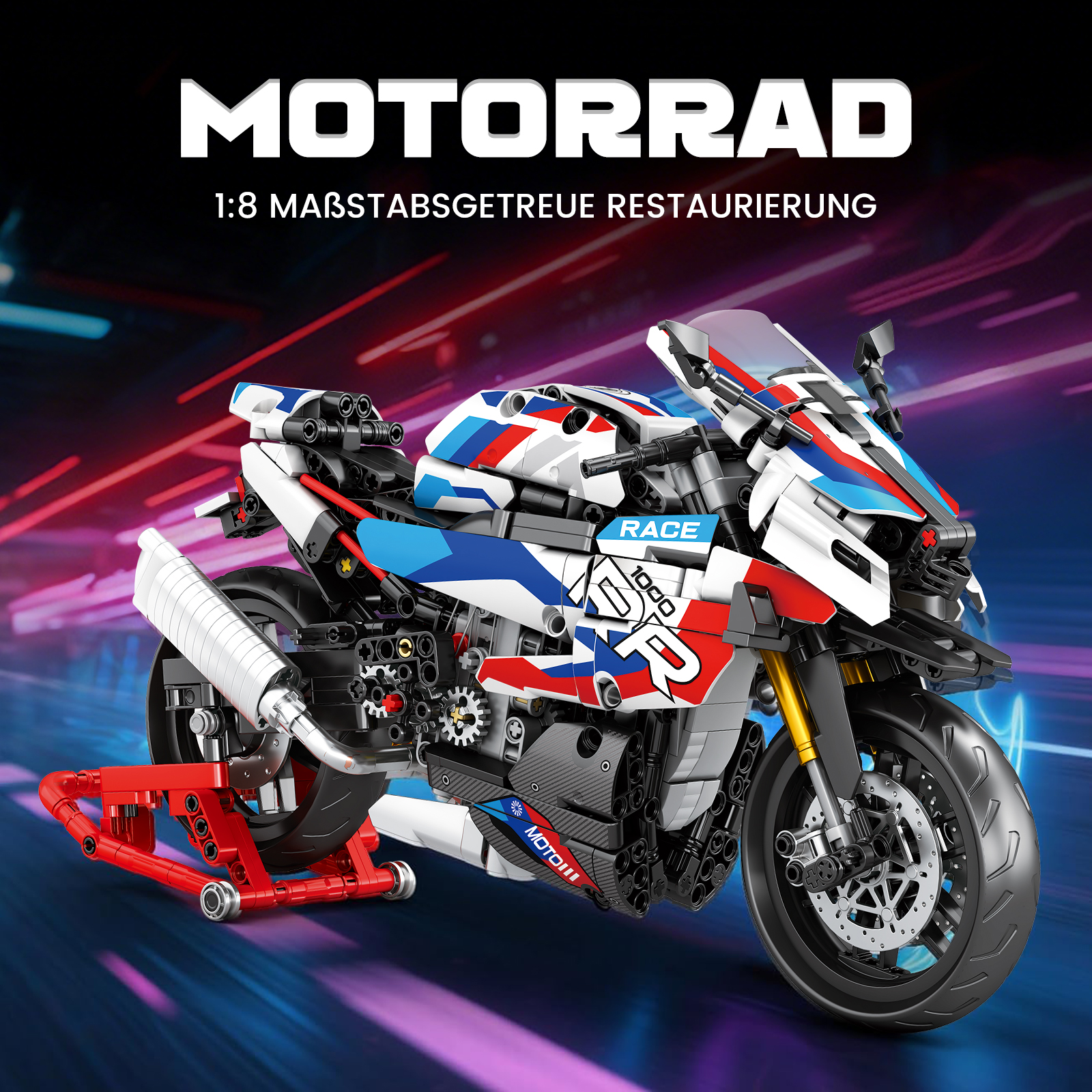 Ein weißes, blaues und rotes Modellmotorrad auf einem roten Ständer.
