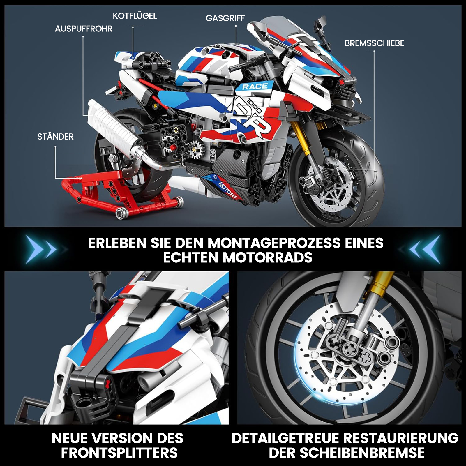 Ein detailliertes Modell eines Motorrads mit Beschriftungen für Teile wie Auspuff und Bremse.