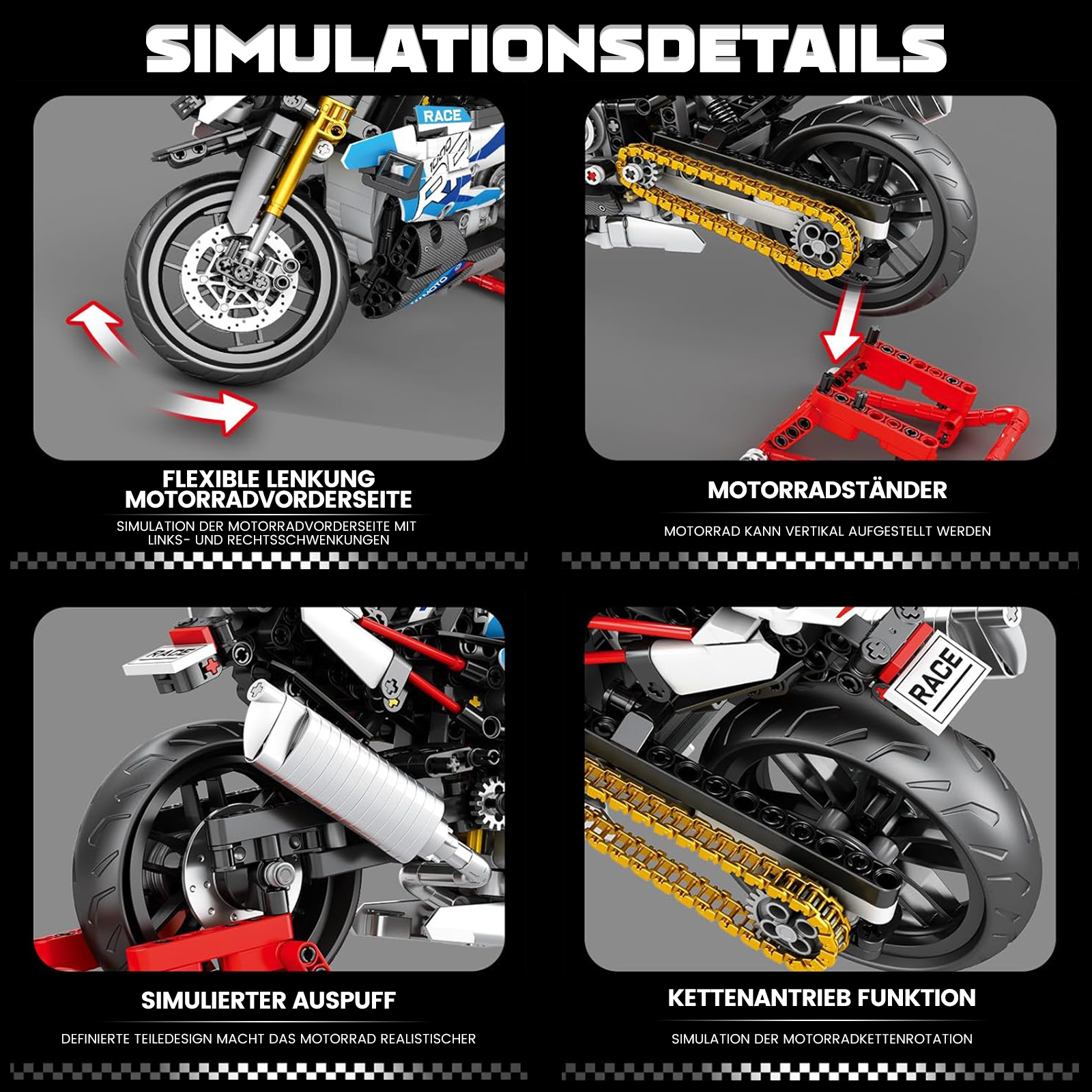 Detailansicht eines Modellmotorrads mit flexibler Lenkung, Ständer, Auspuff und Kette.