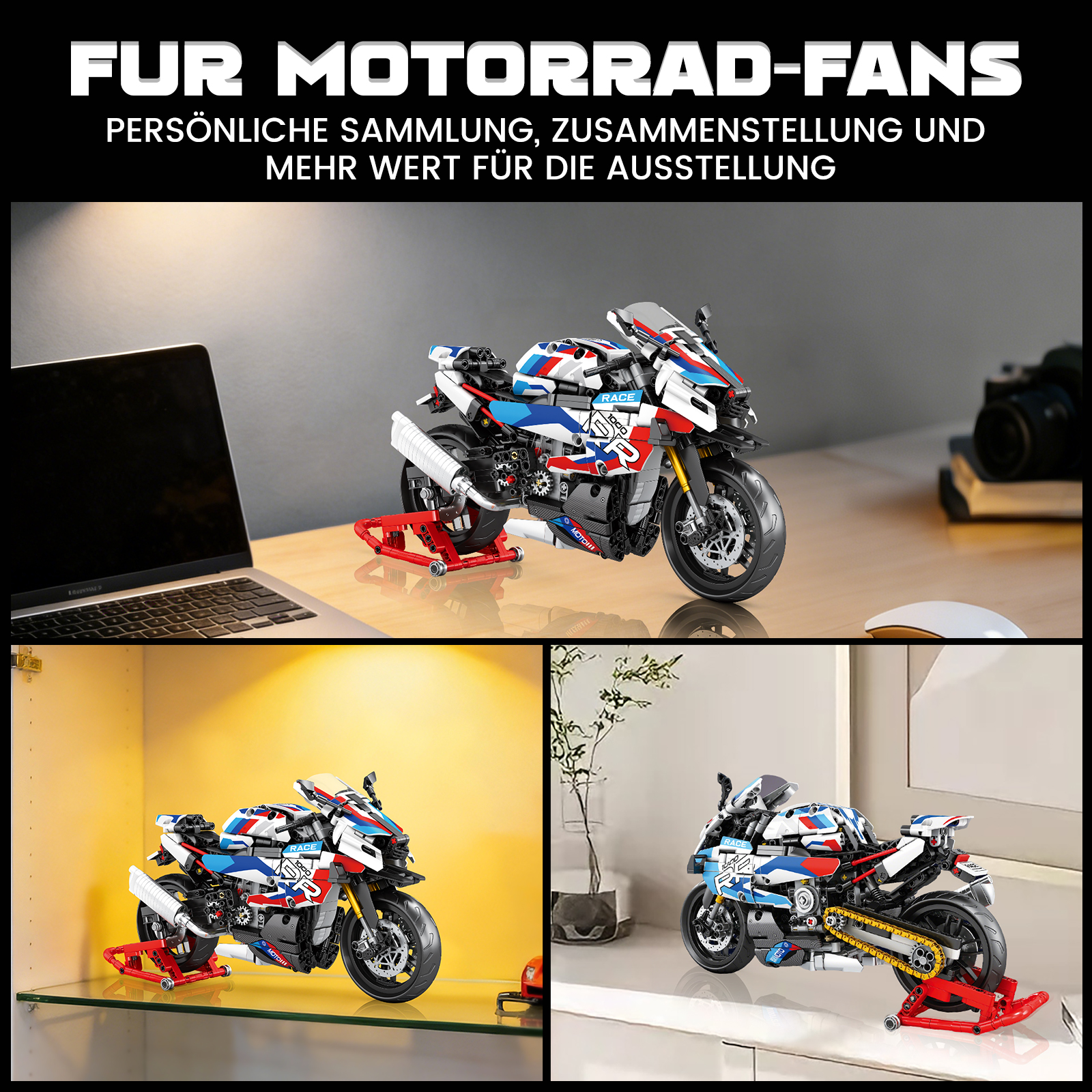 Ein weißes, blaues und rotes Spielzeugmotorrad mit "RACE"-Aufschrift.
