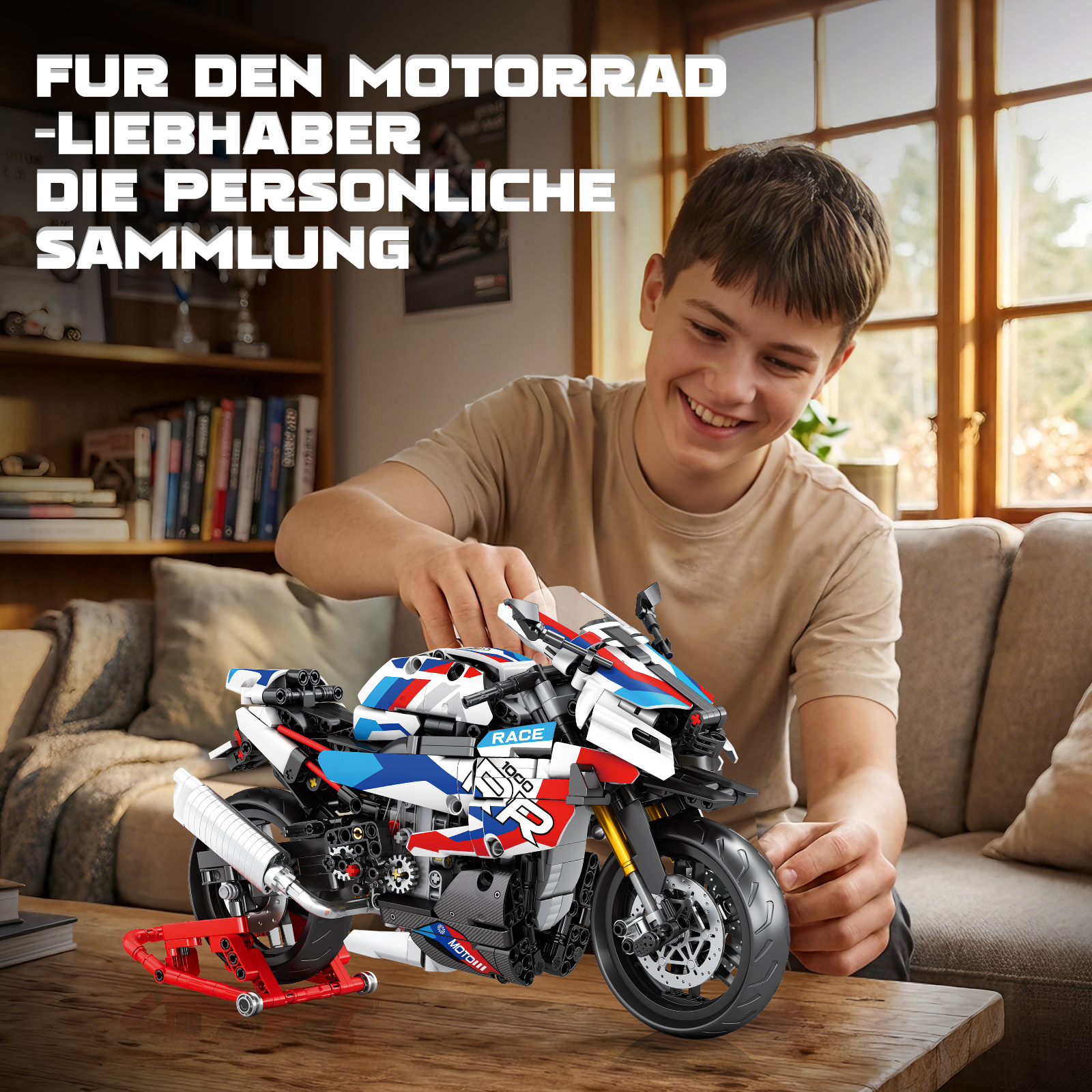 Ein Junge baut ein weißes Motorrad-Modell mit blauen und roten Akzenten.