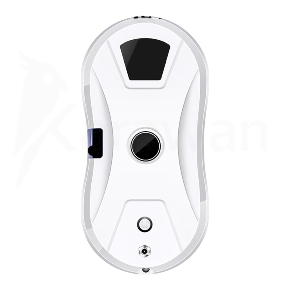 Un robot limpiacristales blanco con pantalla y botón negros.