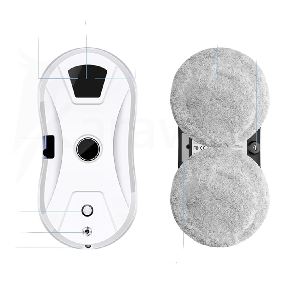 Un robot blanco limpiacristales con dos almohadillas redondas.