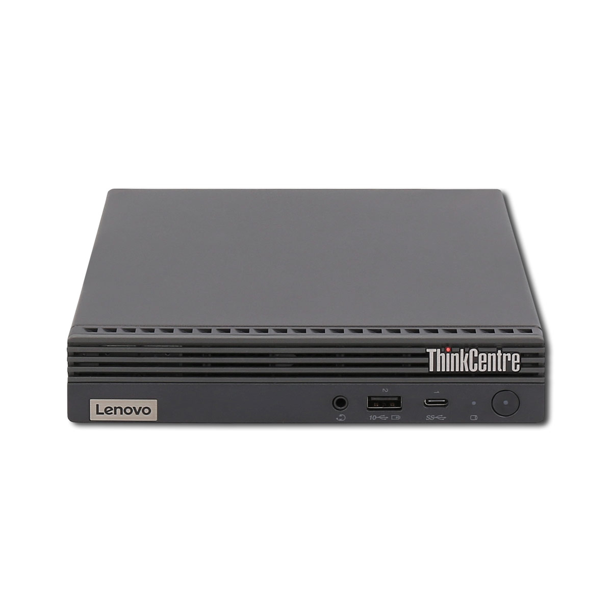 Computer grigio Lenovo ThinkCentre con porte anteriori su sfondo bianco.
