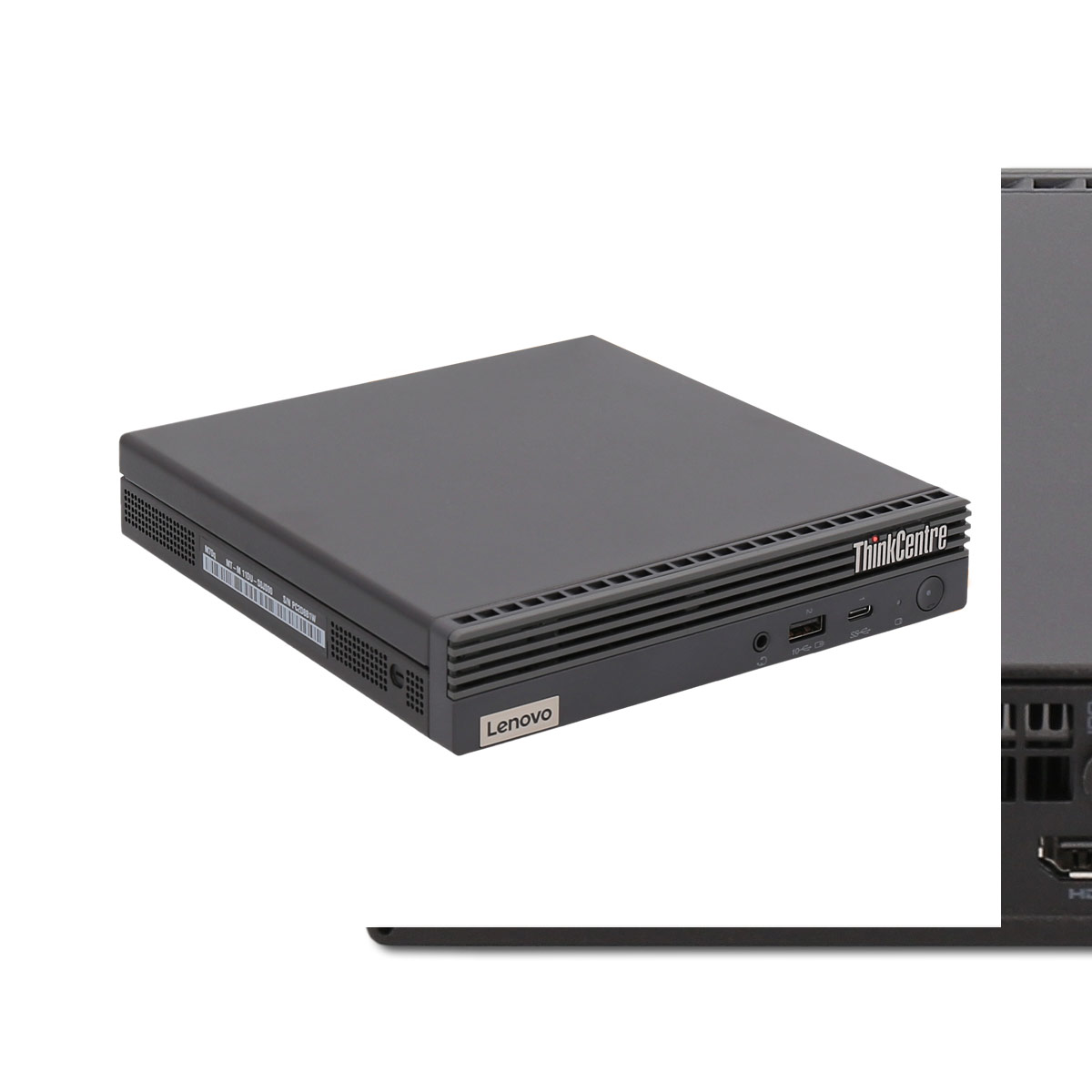 Un mini PC grigio Lenovo ThinkCentre con porte anteriori e laterali.