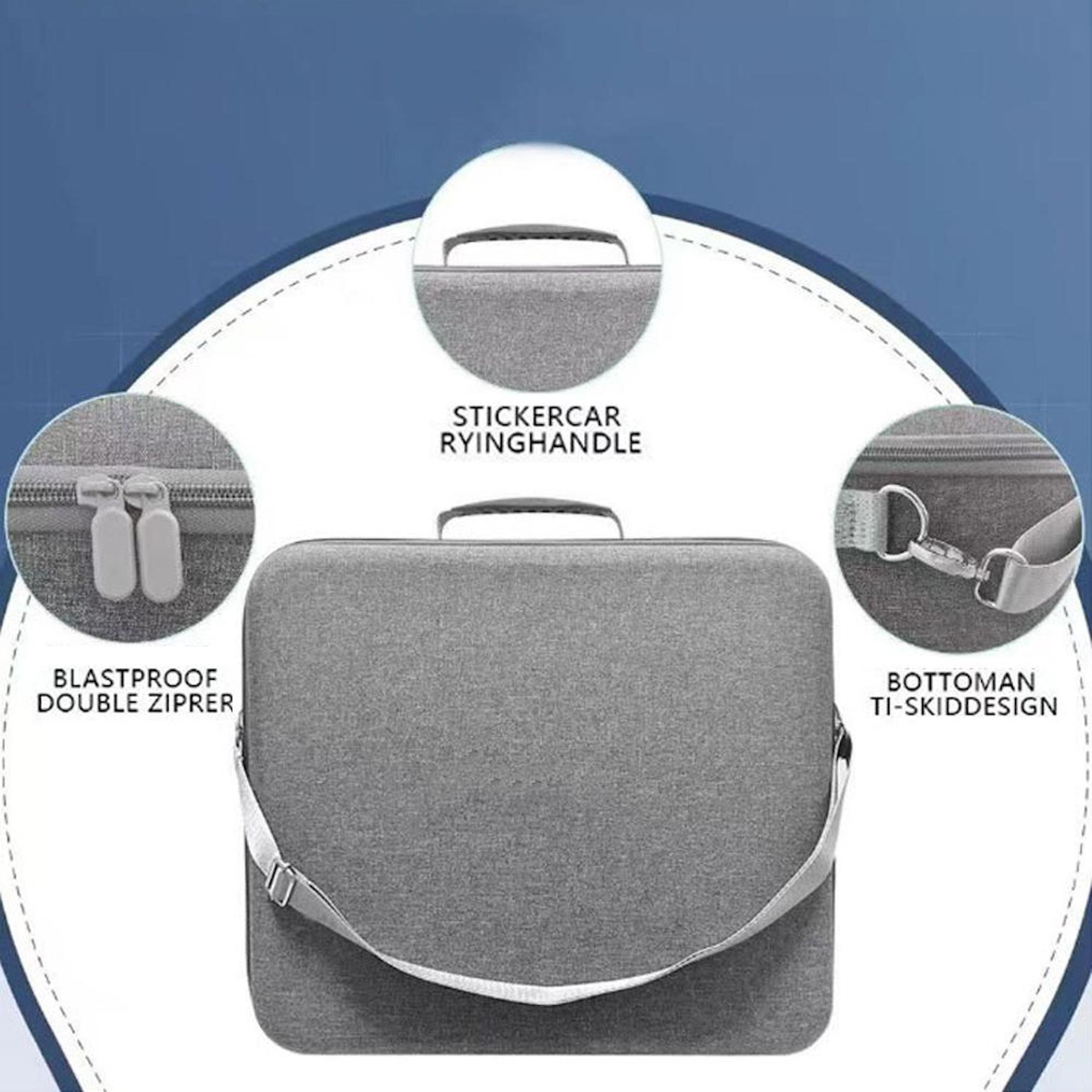Graue Tasche mit Tragegriff, doppeltem Reißverschluss und rutschfestem Design.