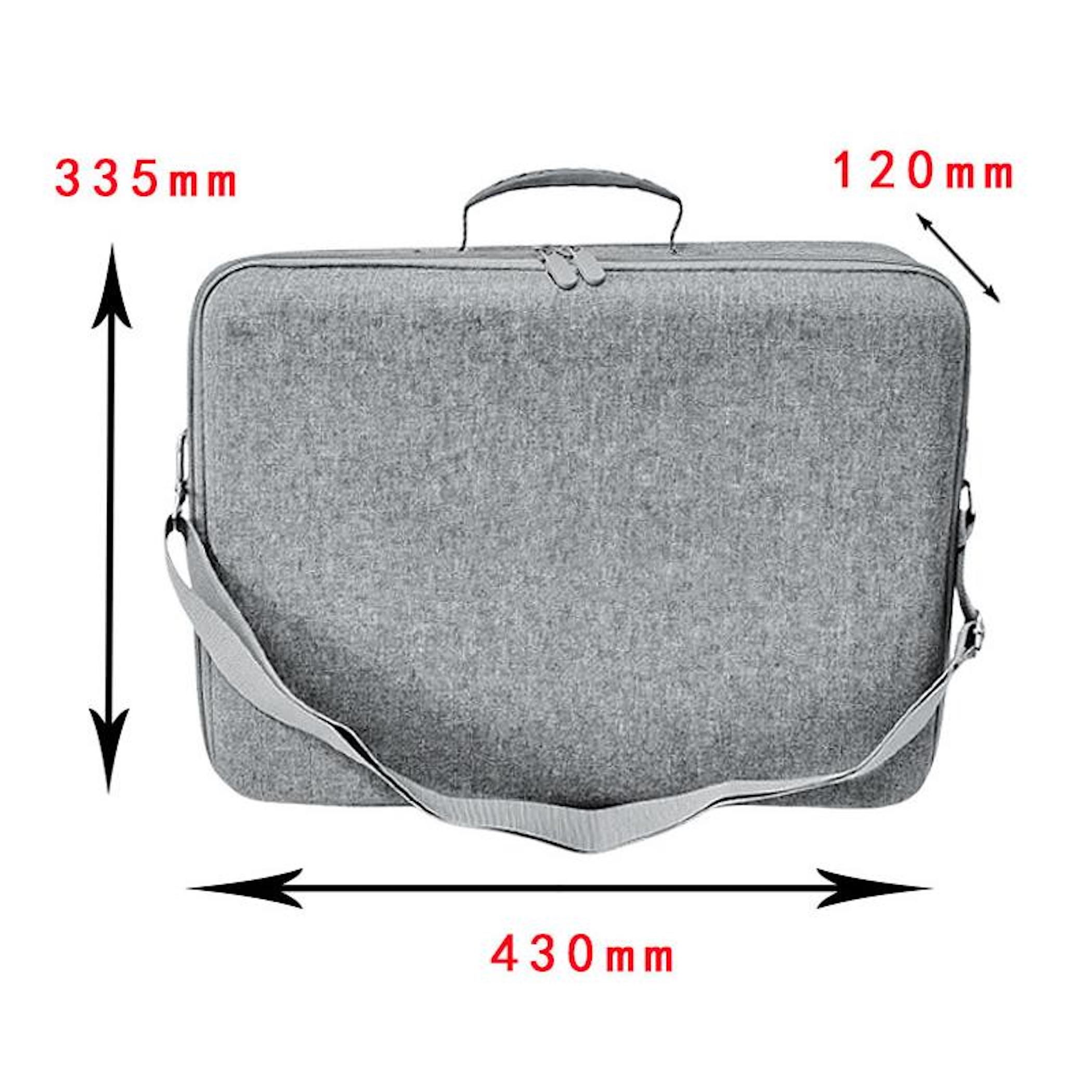 Graue Tasche mit Maßen 430x335x120mm und einem Tragegriff.