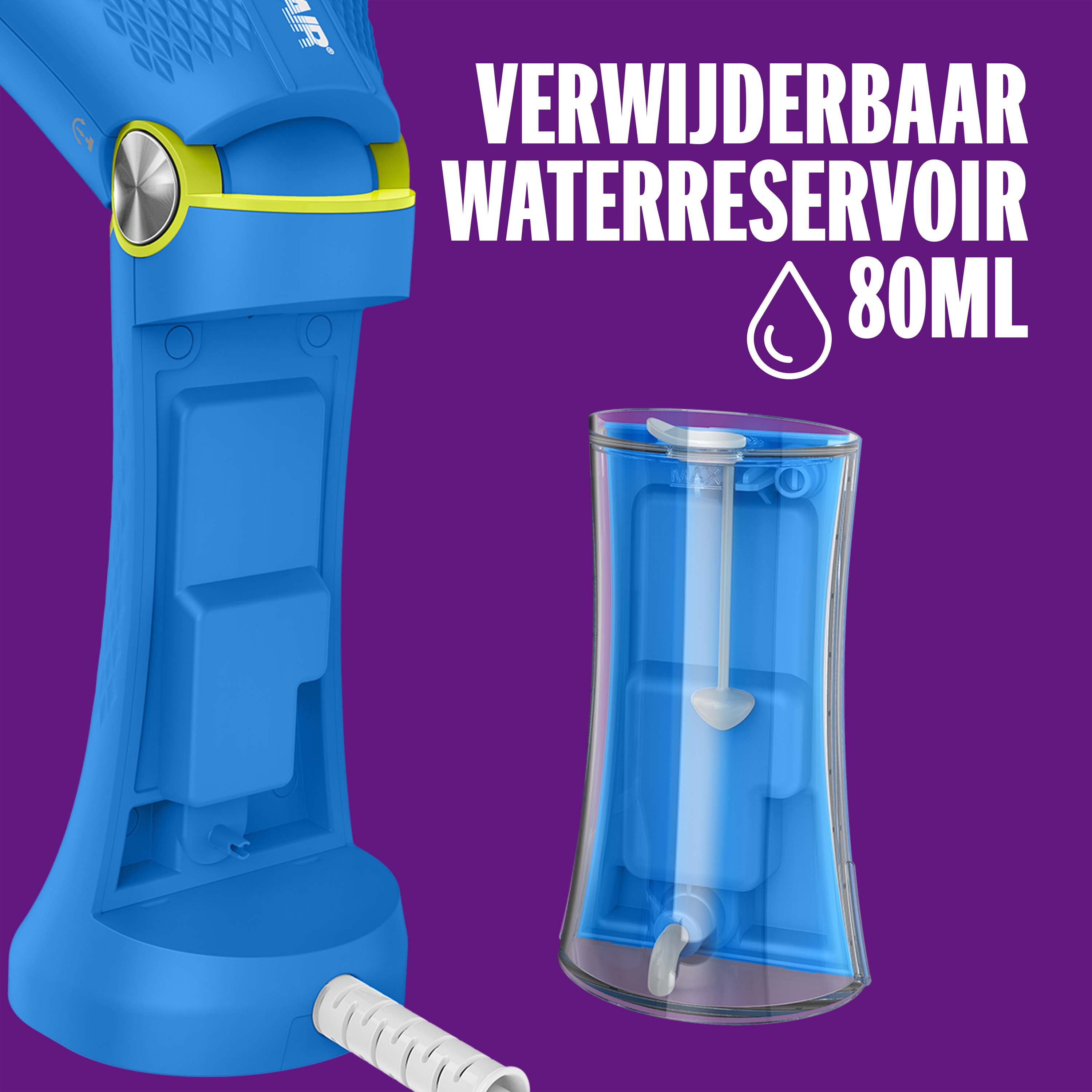 Blue device with removable 80ml water reservoir, purple background.