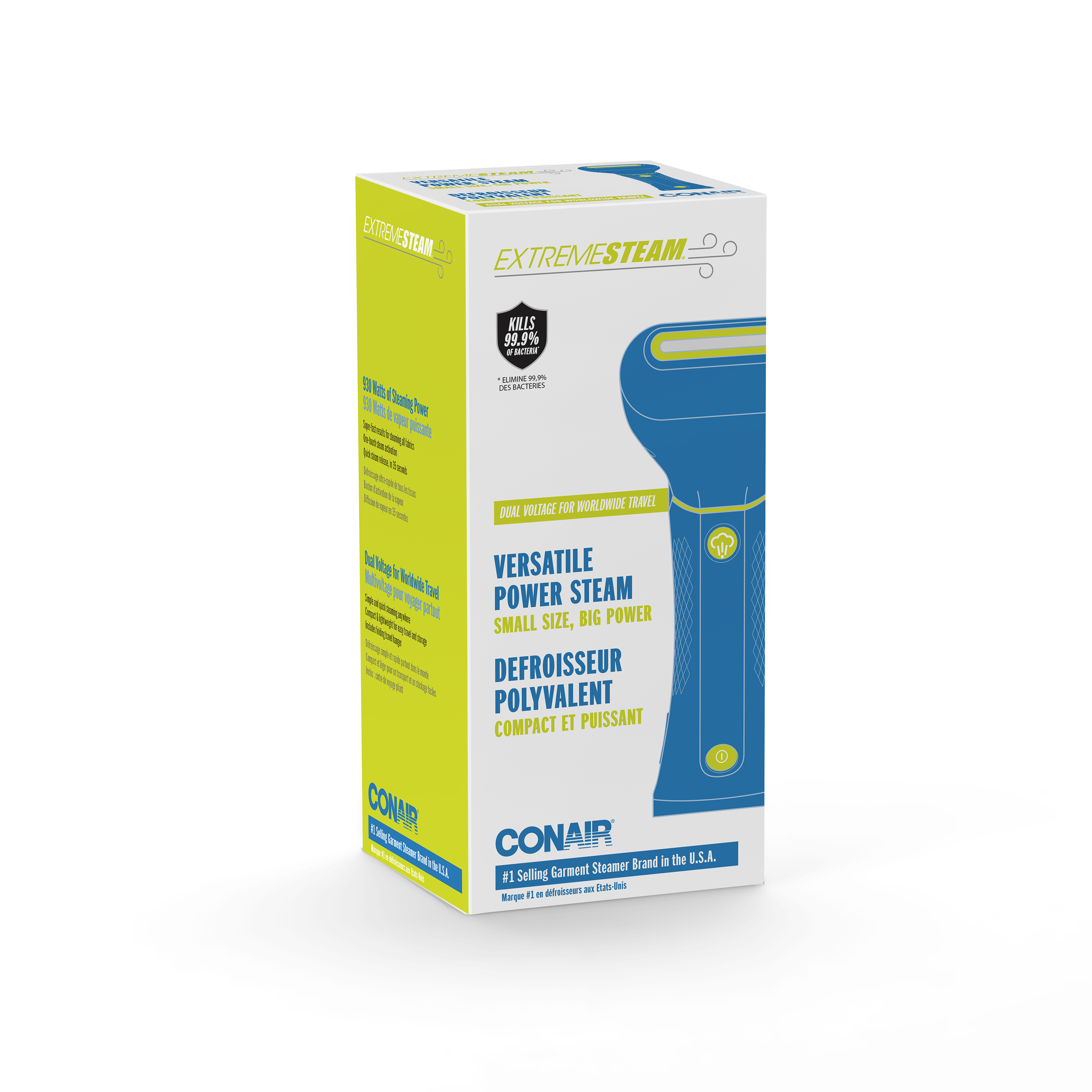 Product packaging for a blue and yellow garment steamer with text details.
