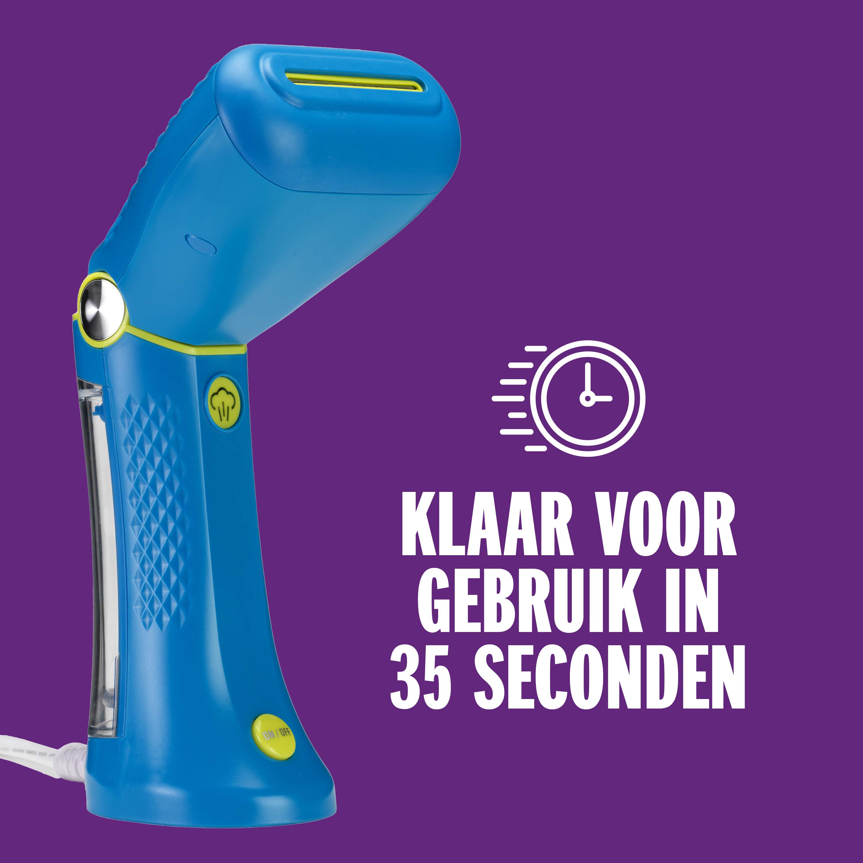 A blue garment steamer with yellow accents is shown against a purple background.