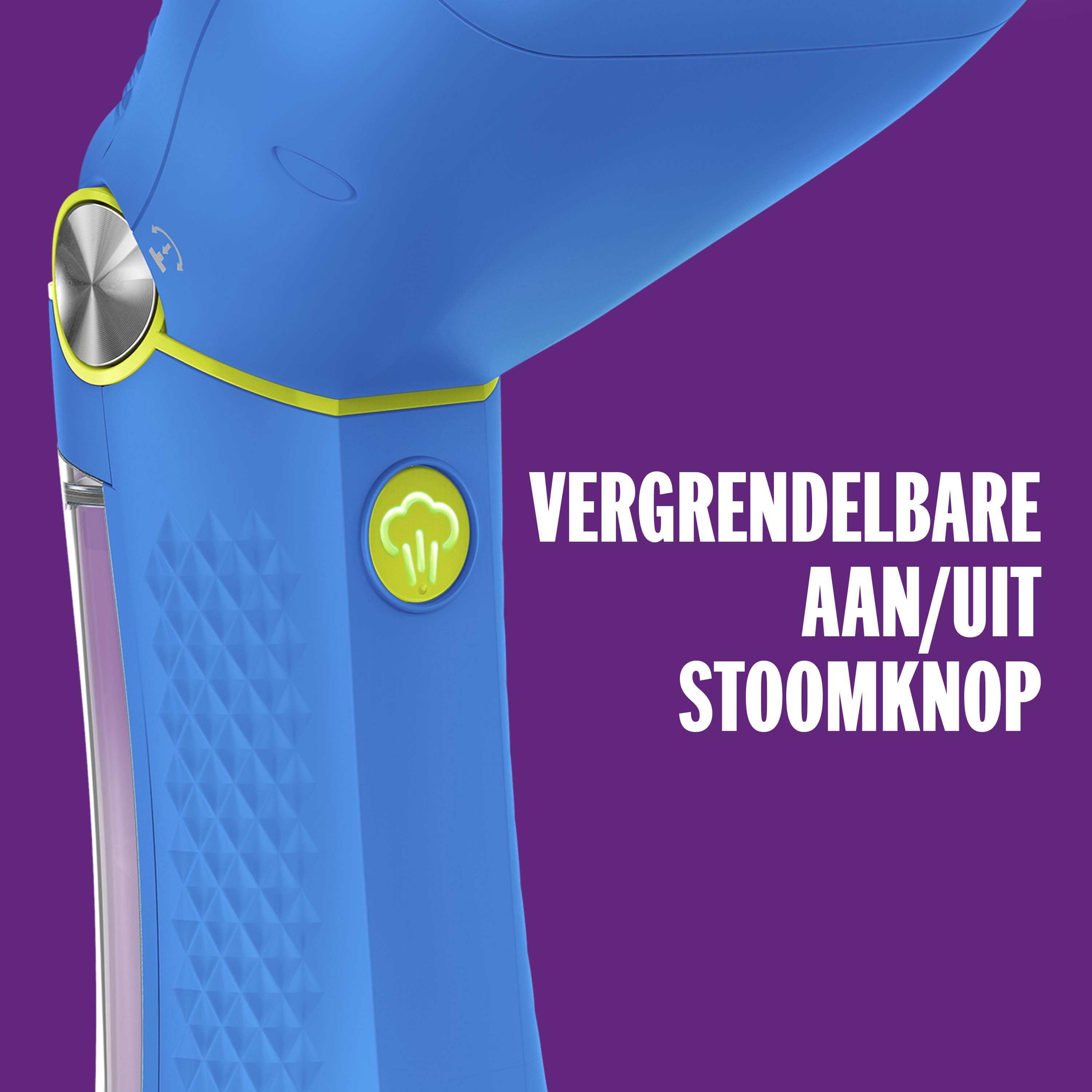 Blue steam brush with lock button and steam symbol.