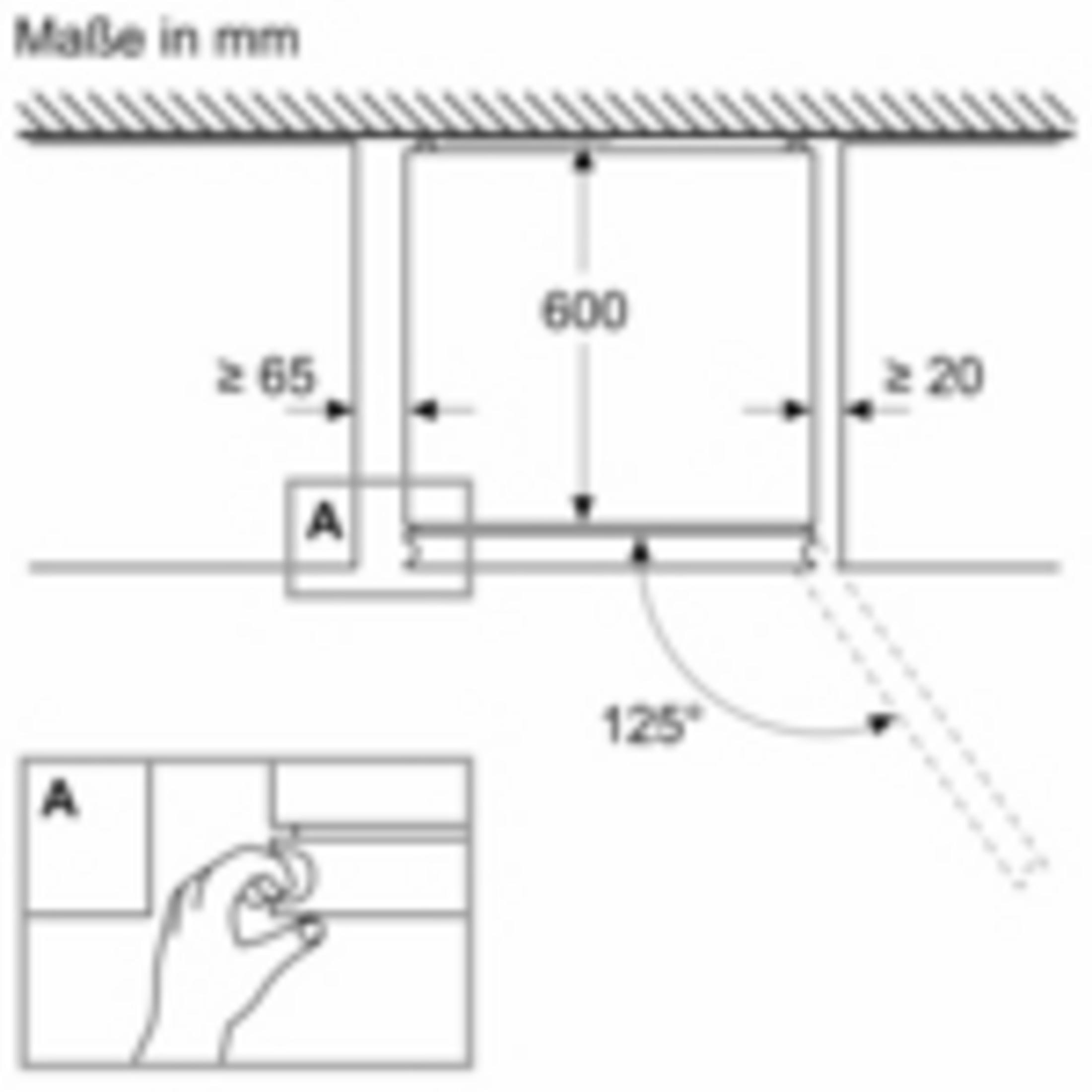 Einbauzeichnung mit Maßen: Höhe 600 mm, seitlich 65 mm und 20 mm Abstand.
