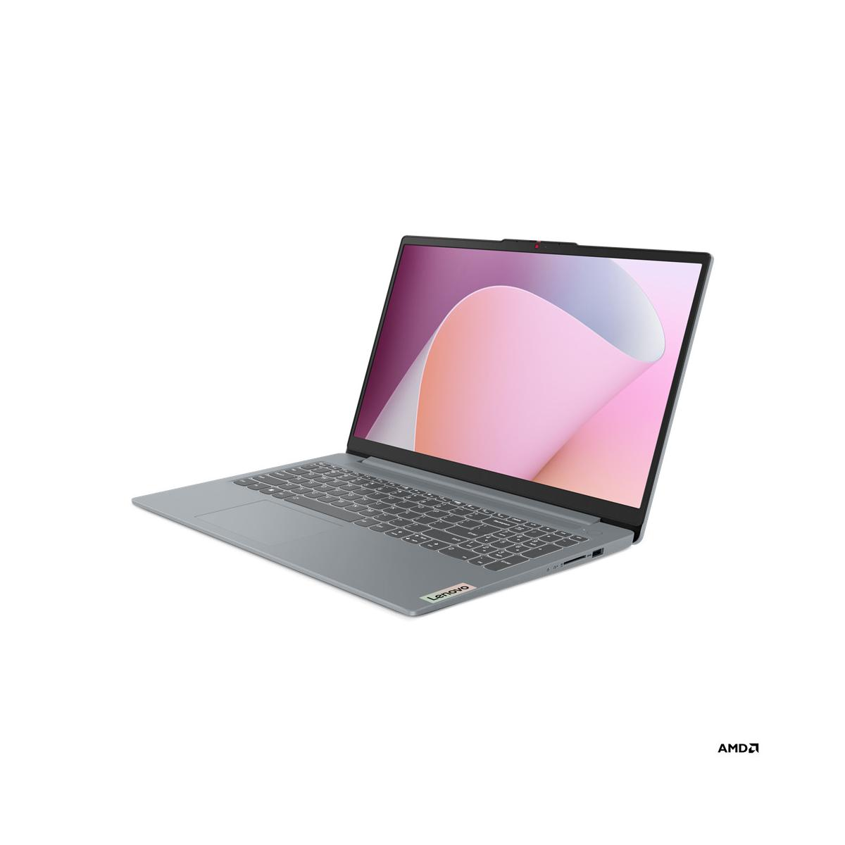 Un laptop Lenovo grigio con lo schermo aperto, su sfondo bianco.