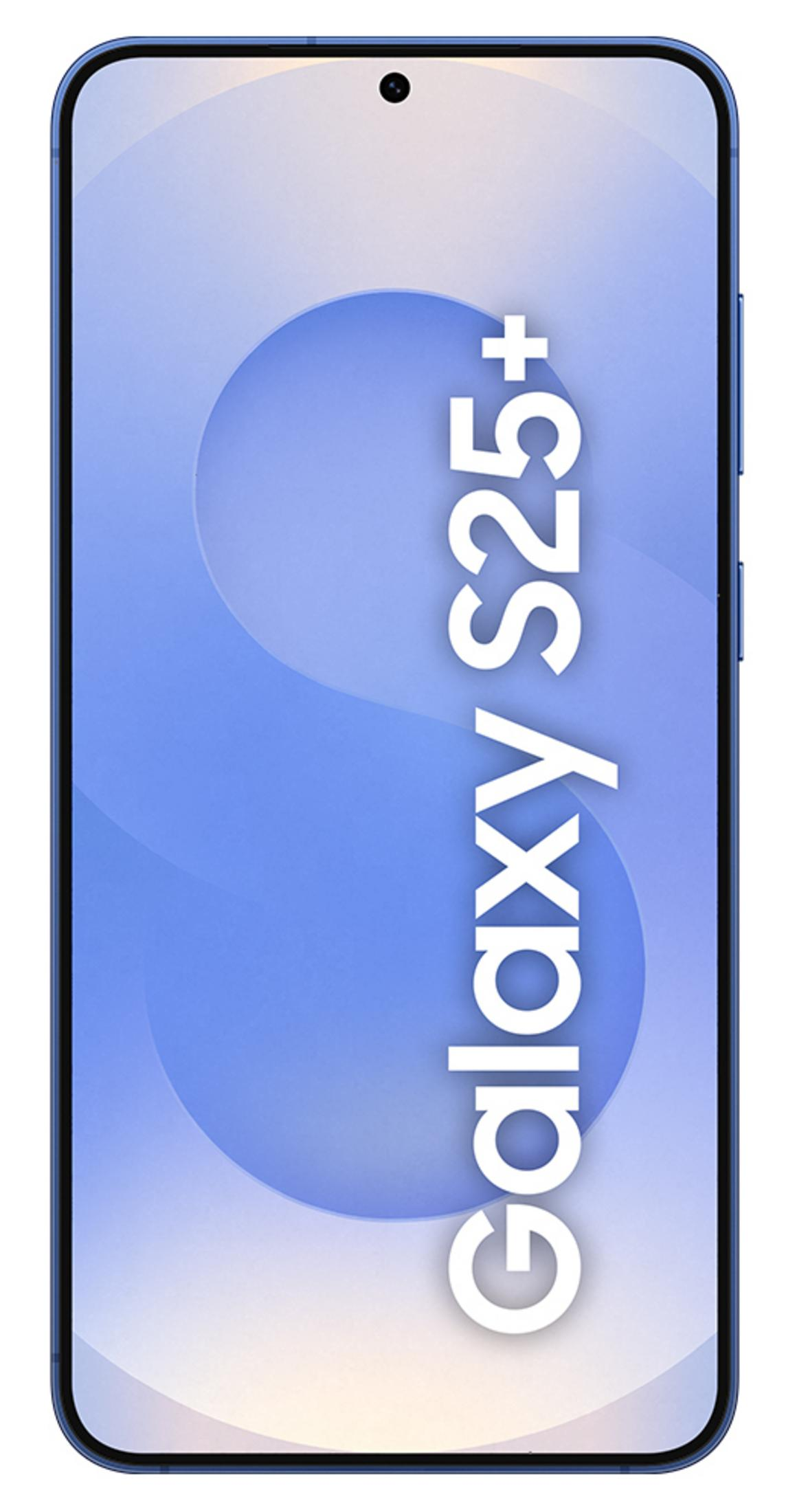 Niebieski smartfon wyświetla "Galaxy S25+" na niebieskim tle.