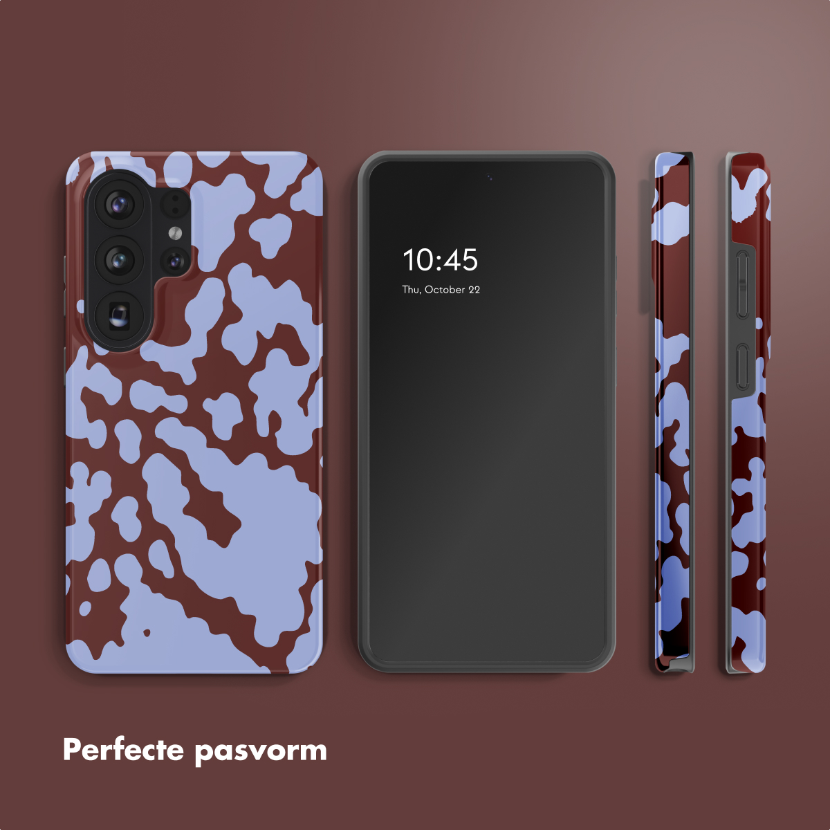 Smartphone avec coque imprimé vache marron et bleu et écran noir.