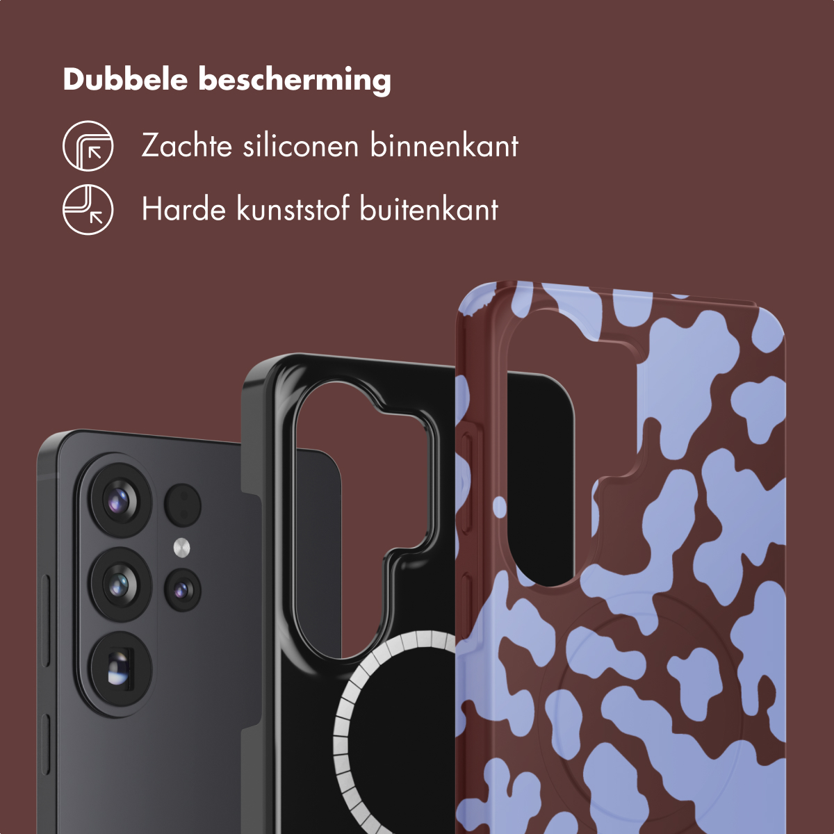 Trois coques de téléphone : une noire, une à imprimé vache, une noire avec anneau.
