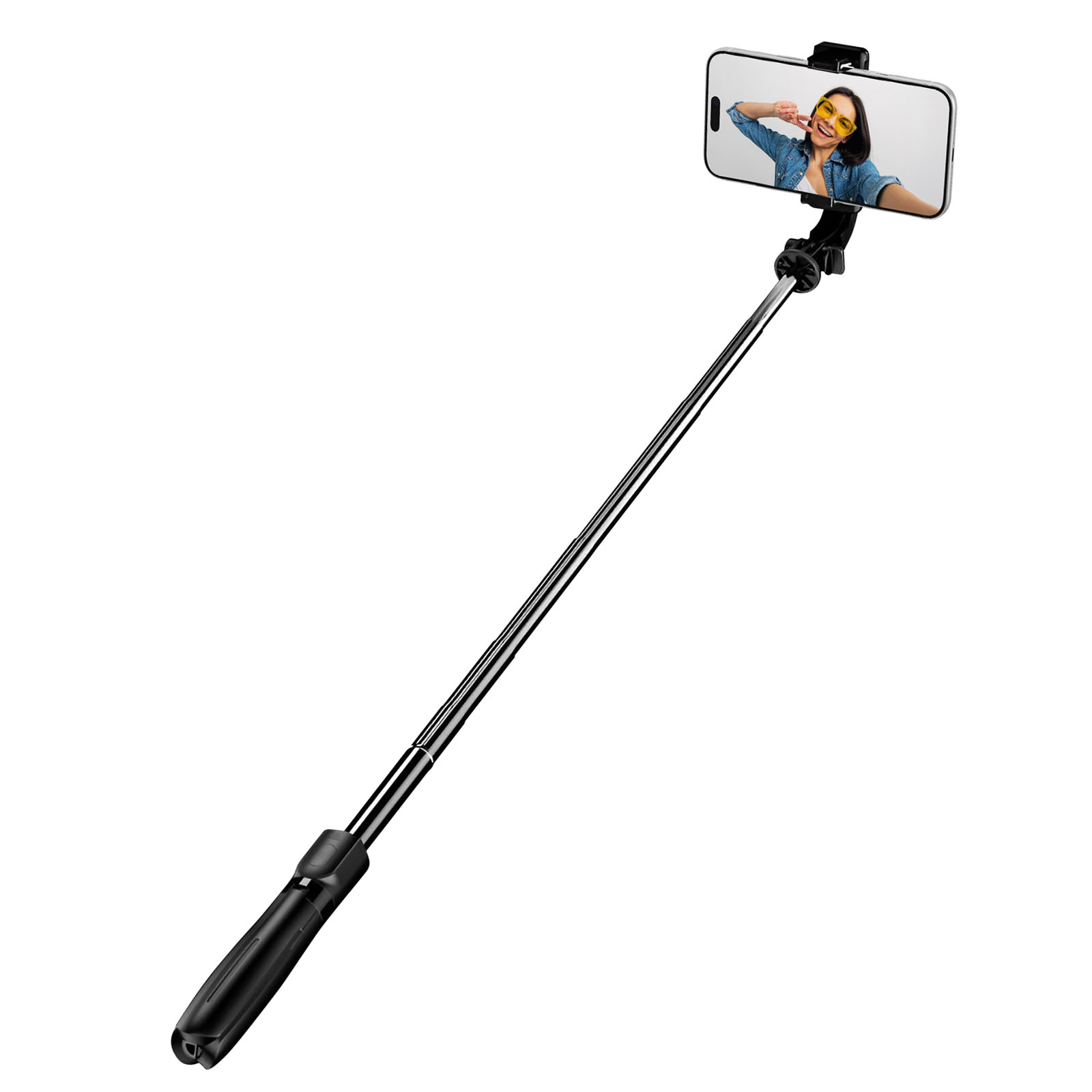 Ein ausziehbarer Selfie-Stick mit einem Smartphone, das ein Foto einer Frau zeigt.