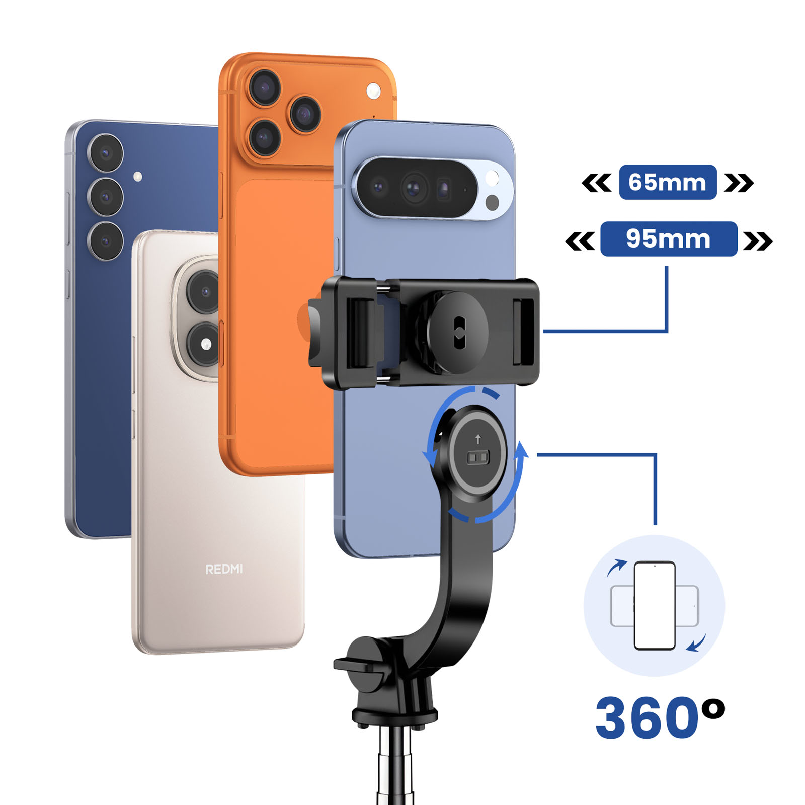 Ein Gimbal-Stabilisator hält ein blaues Smartphone. Orange und weiße Handys im Hintergrund.
