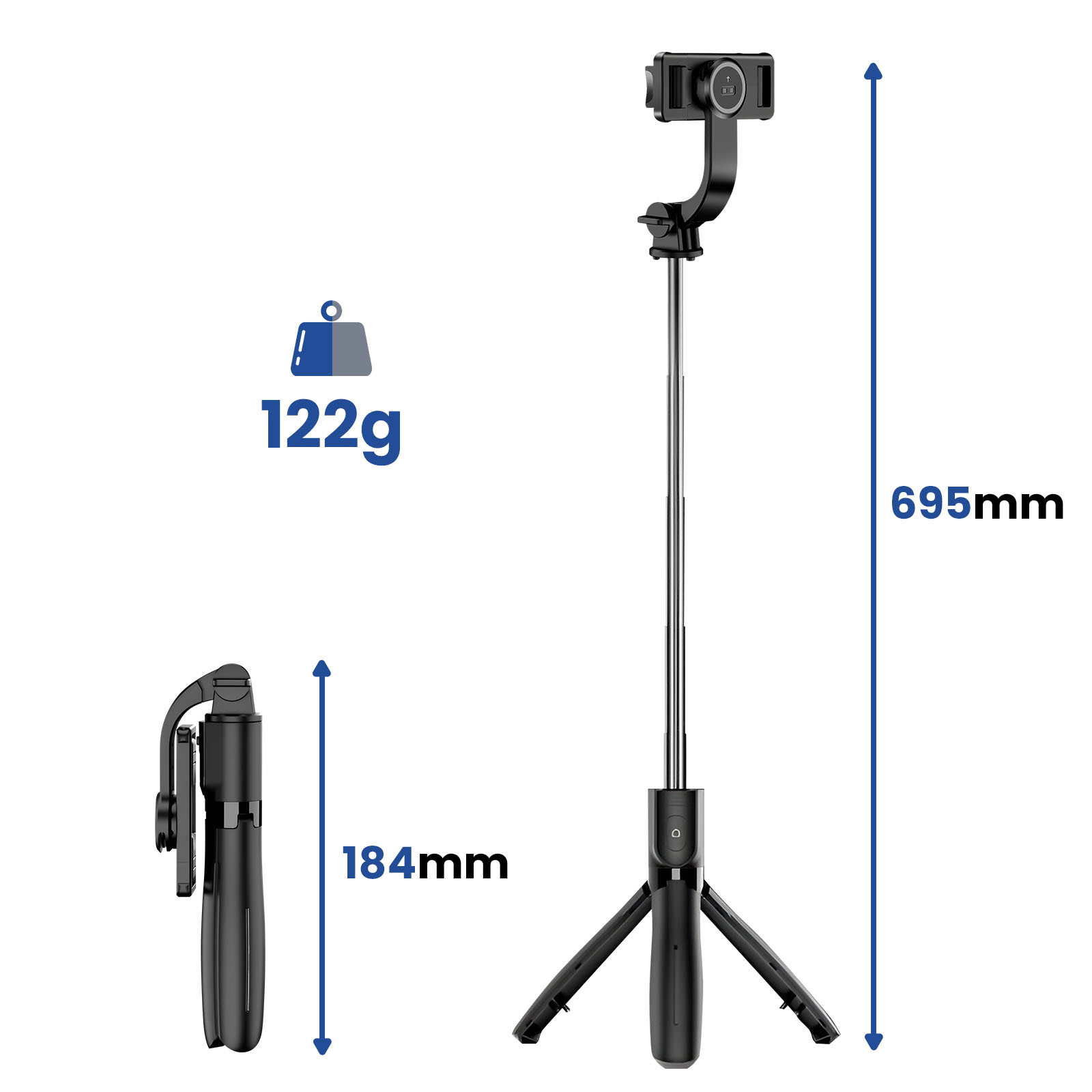Ein ausziehbarer Selfie-Stick mit Stativ und Handyhalterung, 122g, 184mm/695mm.