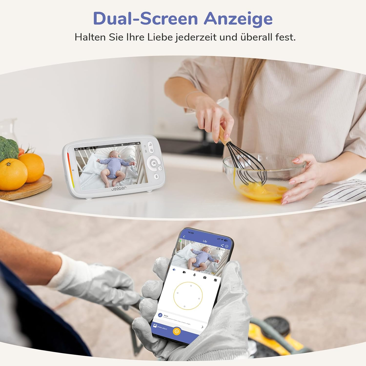 Ein Babyphone zeigt ein Baby auf einem Bildschirm. Eine Person verquirlt Eier.
