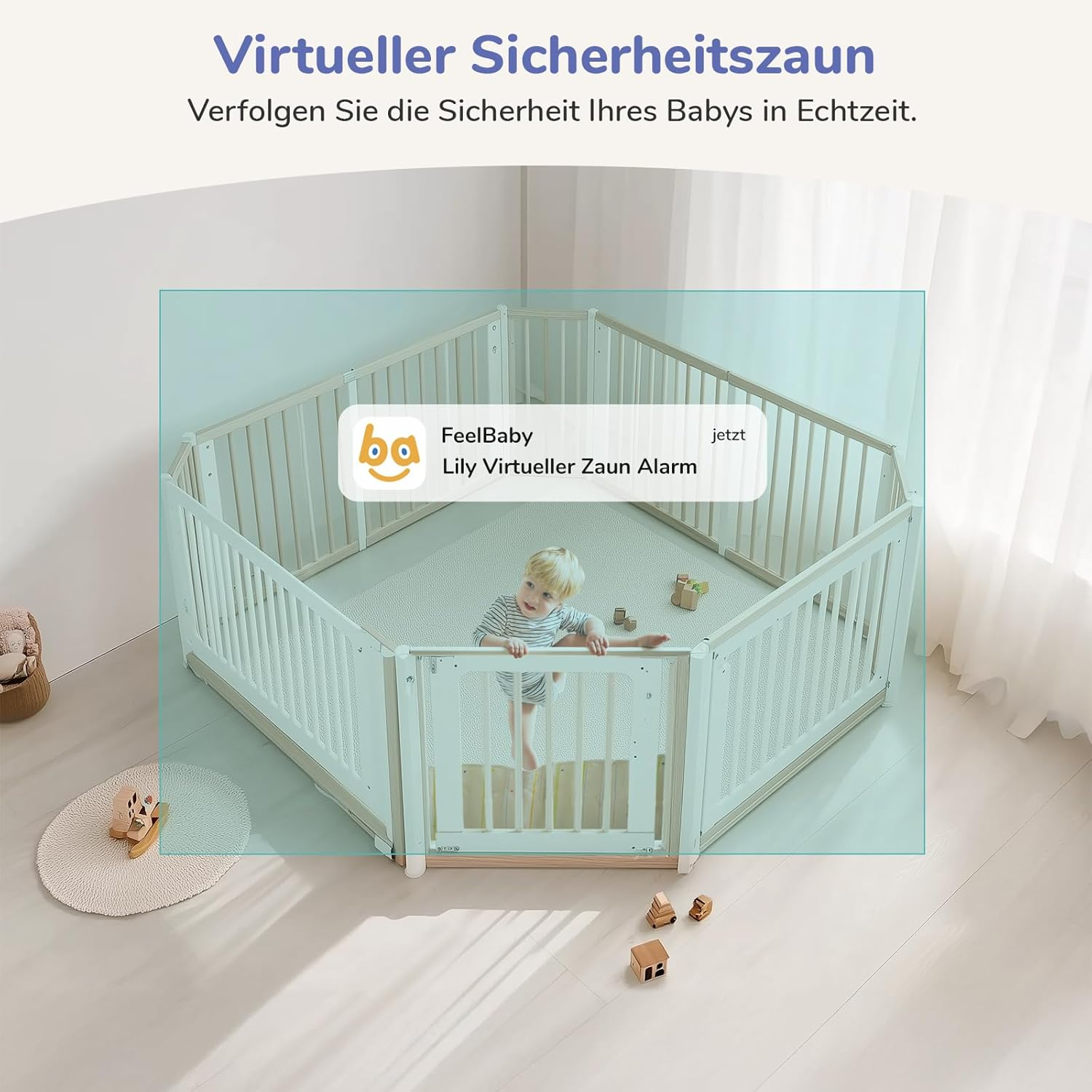 Ein Baby in einem weißen Laufstall mit einem virtuellen Zaun-Alarm auf dem Bildschirm.