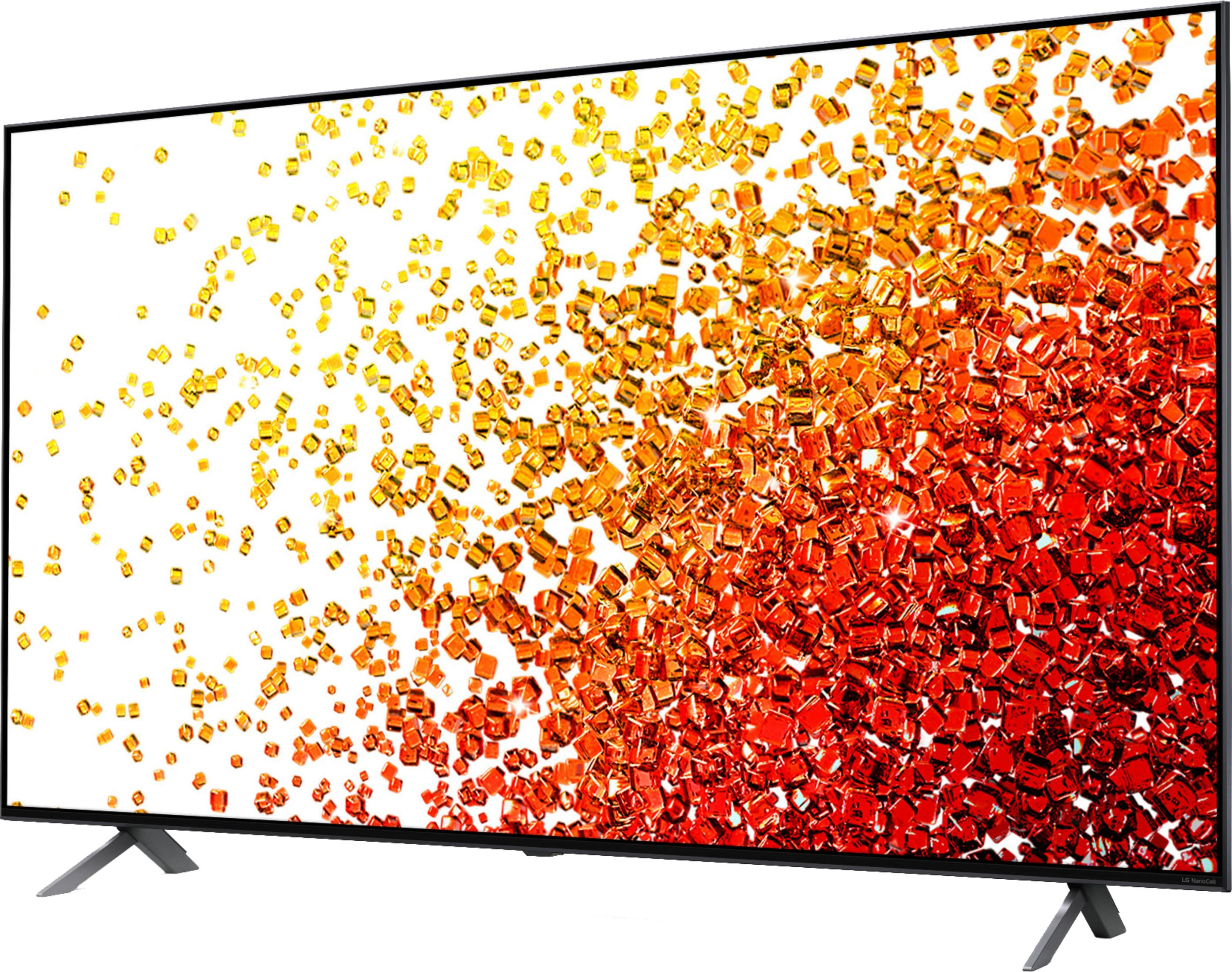 Un televisor moderno de pantalla plana muestra un fondo vibrante de cubos rojos y amarillos.