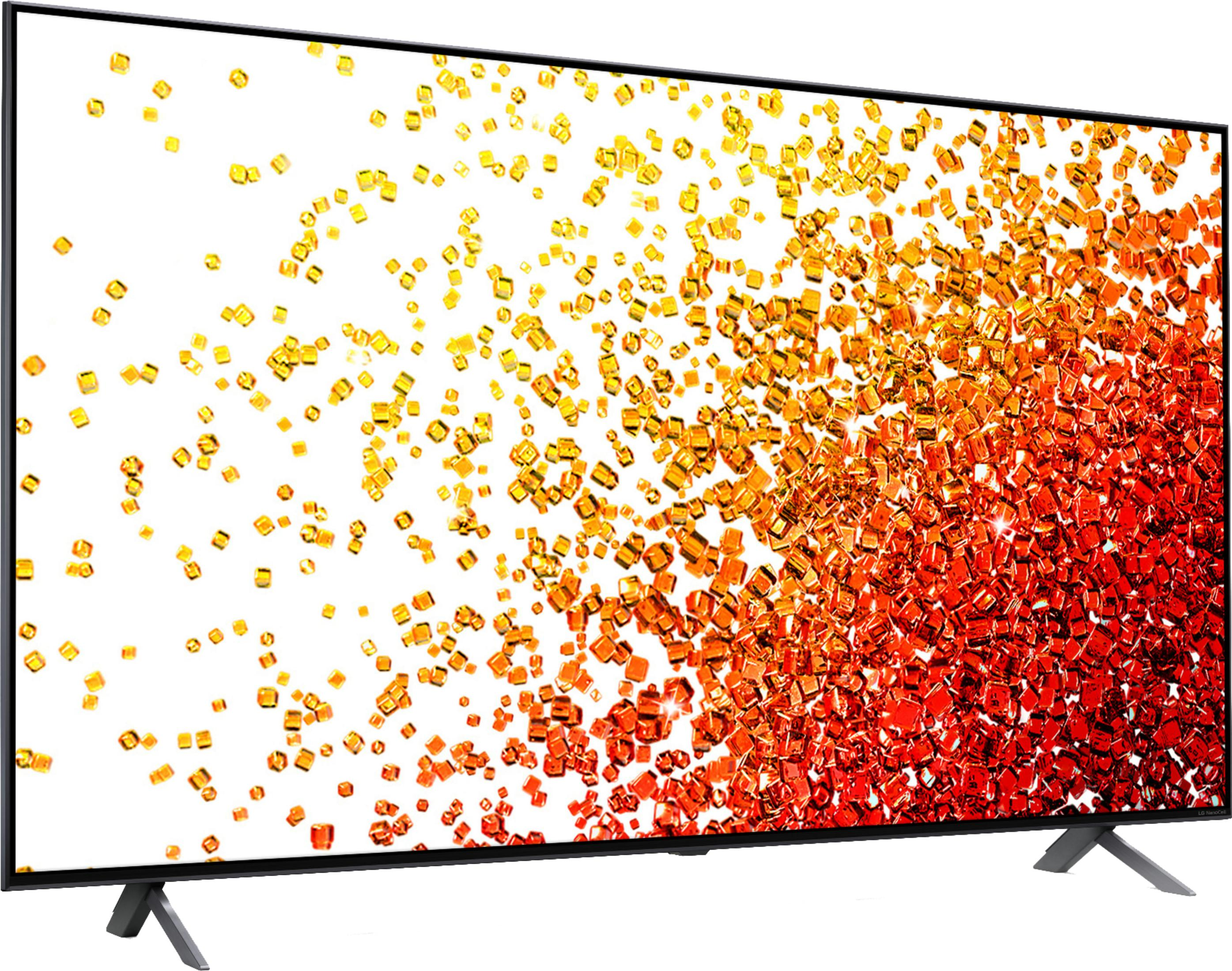 Un televisor moderno que muestra cubos naranjas y amarillos.