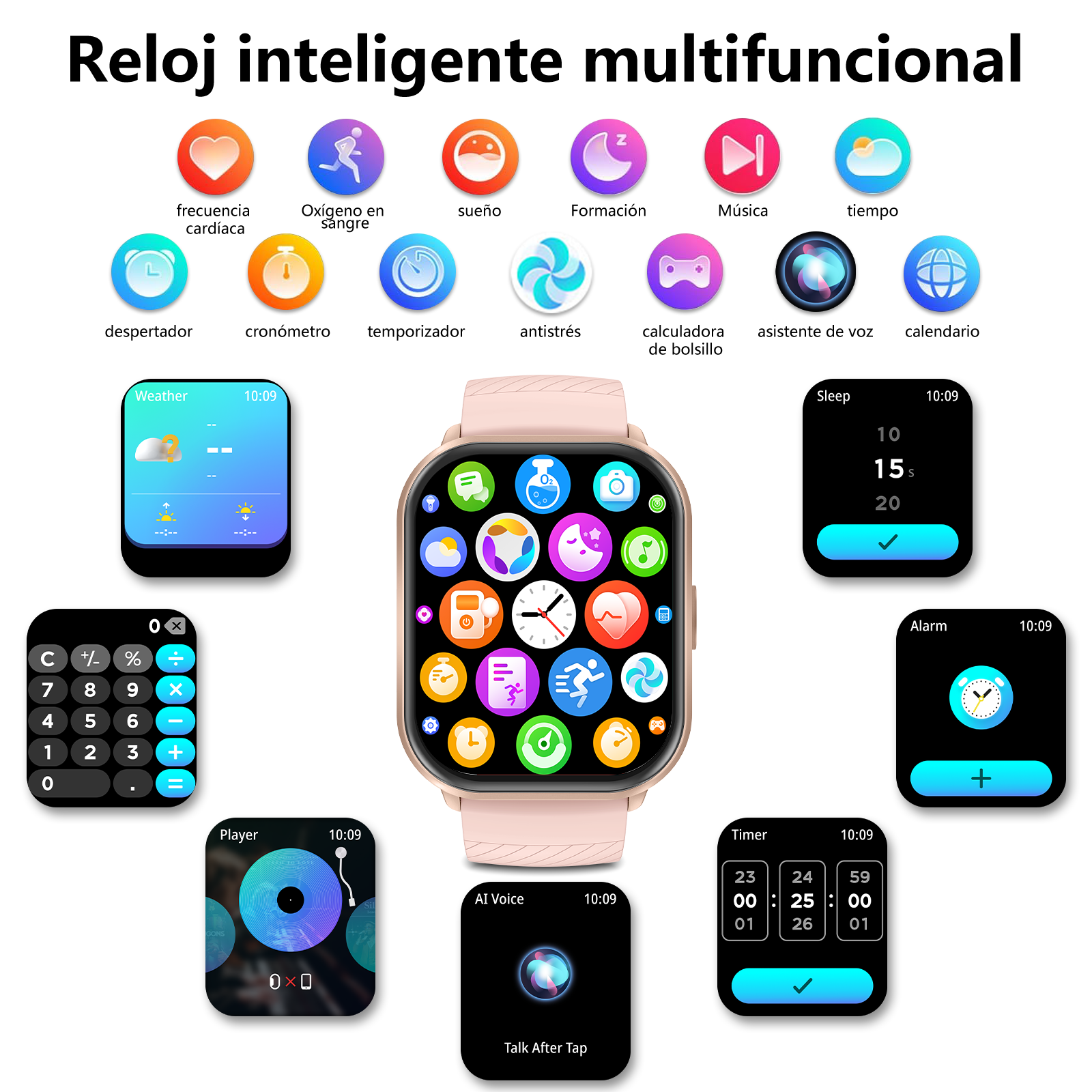 Un reloj inteligente rosa muestra varios iconos de aplicaciones y ventanas separadas.