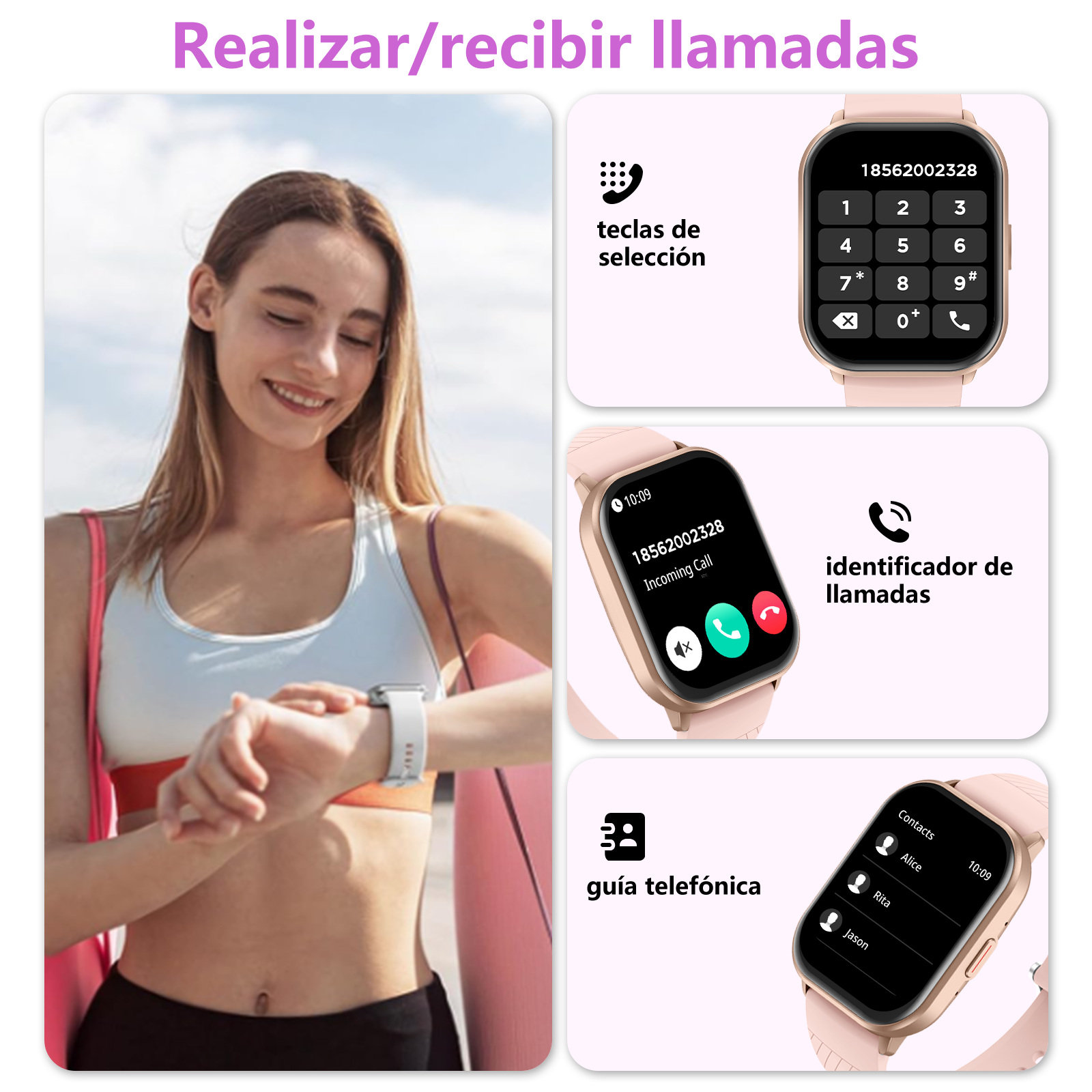 Mujer joven con smartwatch, mostrando funciones de llamada: teclado, llamada entrante, contactos.