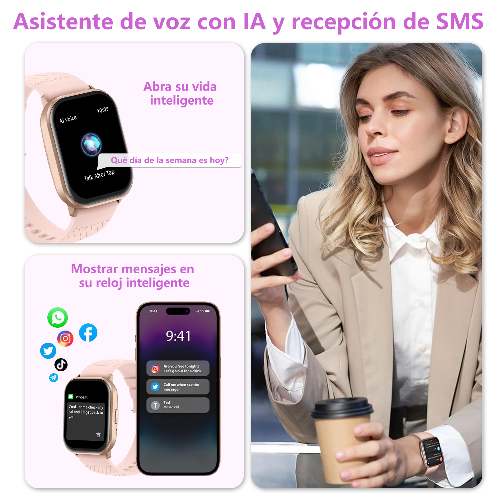 Una mujer sostiene un smartphone y una taza de café. Un reloj inteligente muestra mensajes.