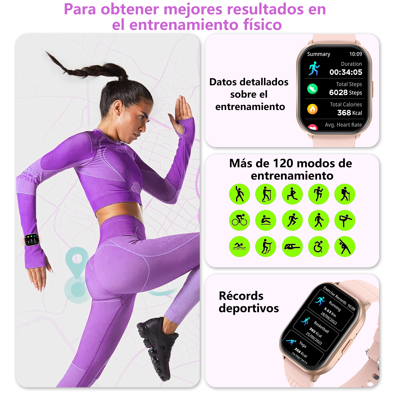 Mujer con ropa deportiva morada, reloj inteligente muestra datos y modos.
