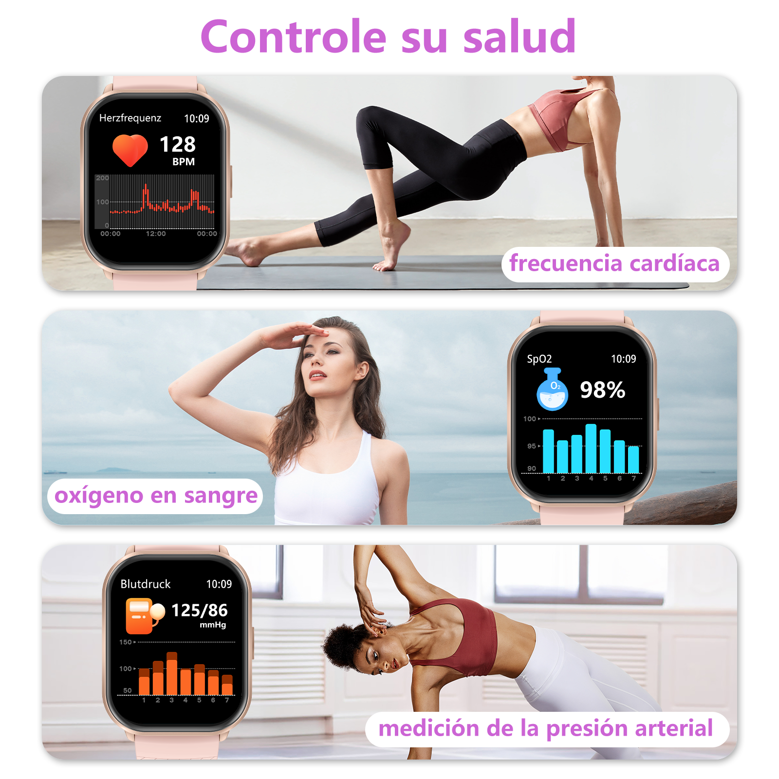 Reloj inteligente rosa muestra ritmo cardíaco, oxígeno y presión.