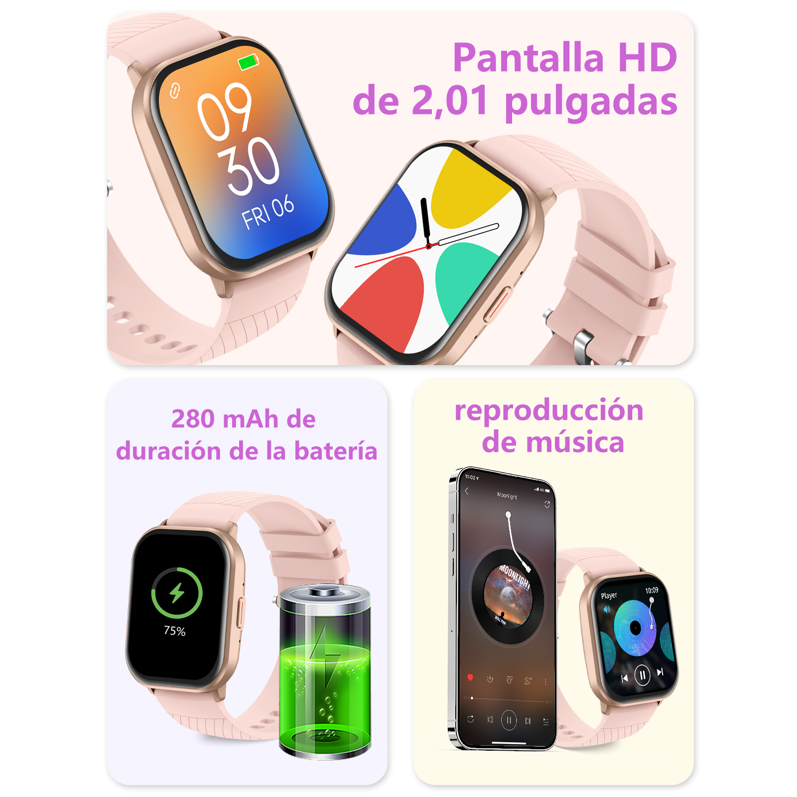 Un smartwatch rosa con pantalla HD y reproducción de música.