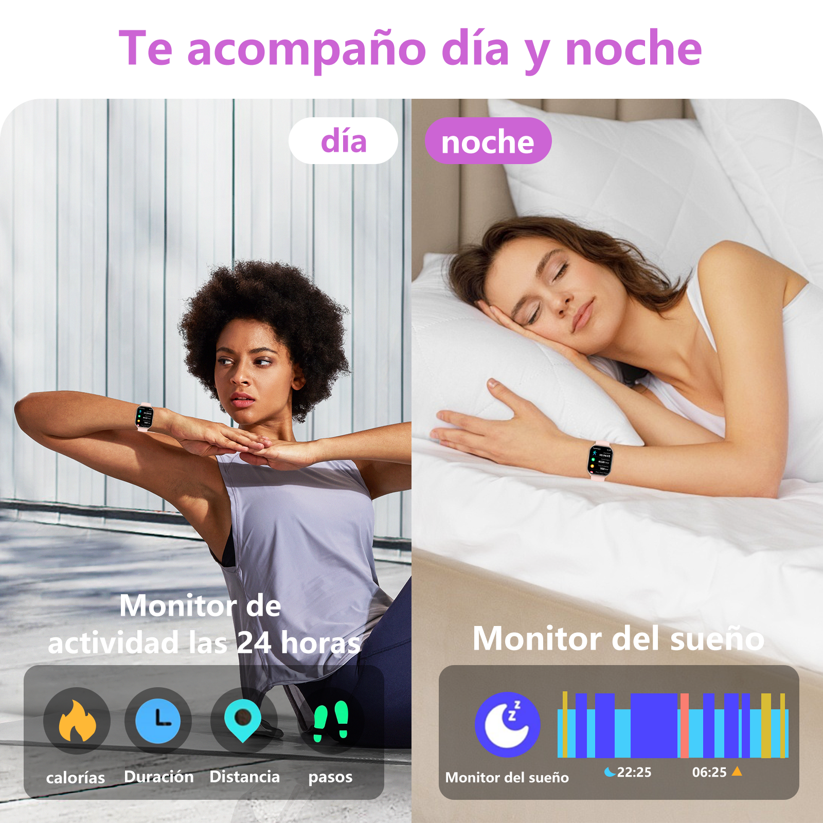 Mujer haciendo ejercicio, mujer durmiendo. Reloj deportivo muestra actividad y sueño.