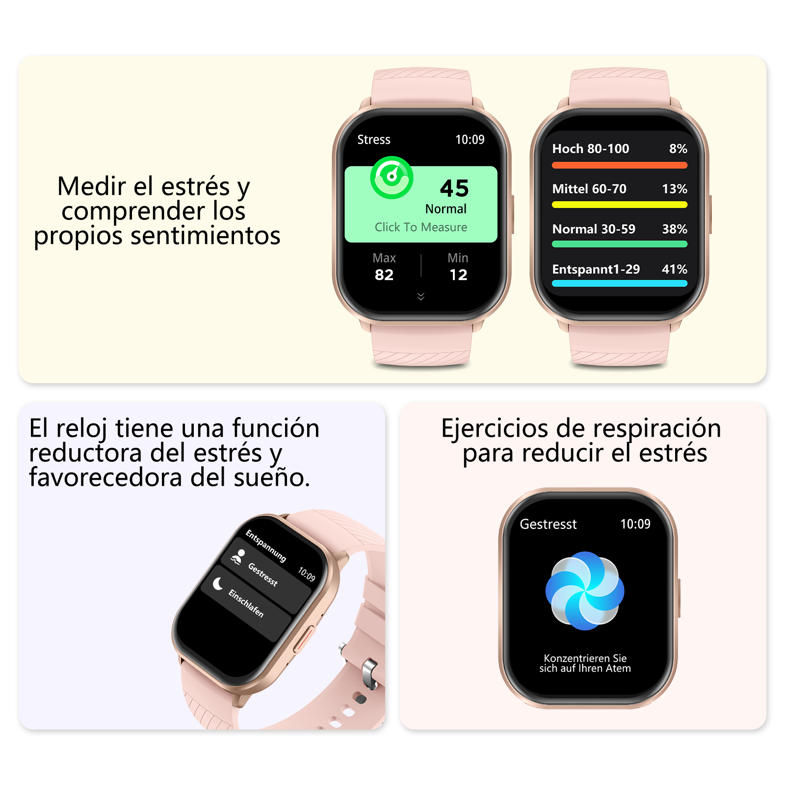 Un reloj inteligente rosa muestra lecturas de nivel de estrés, seguimiento del sueño y ejercicios.