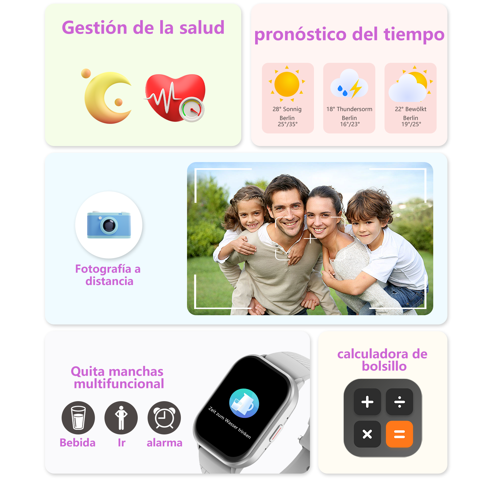 Gestión de salud, fotografía remota, pronóstico del tiempo y calculadora.