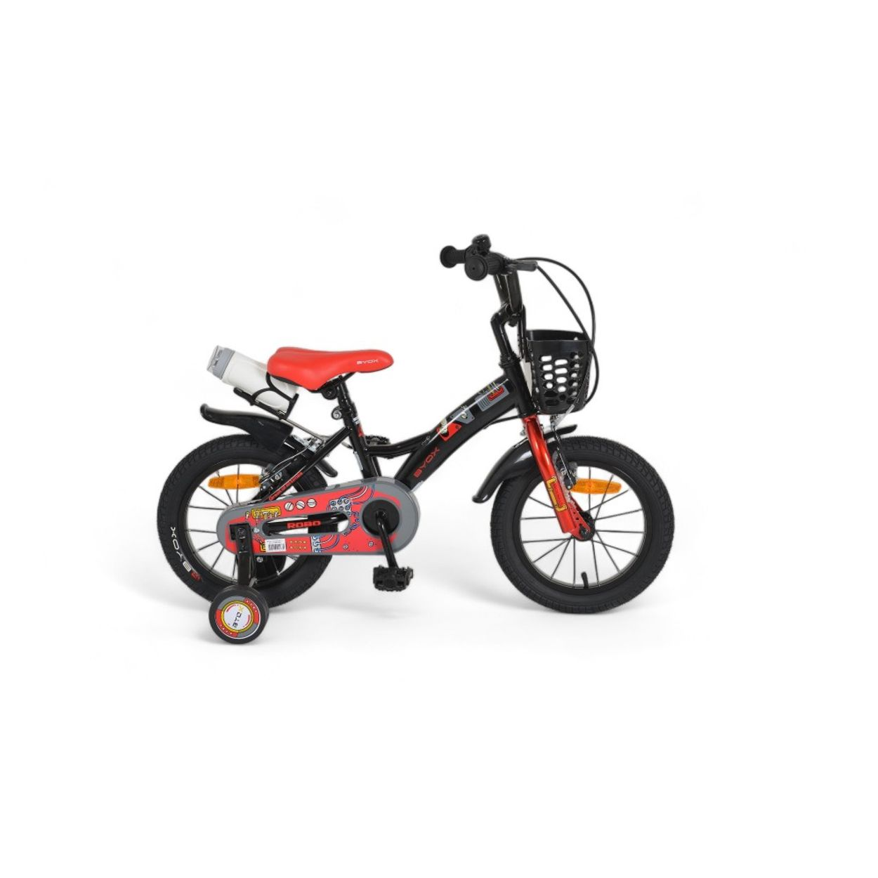 Ein schwarzes Kinderfahrrad mit roten Akzenten und Stützrädern.