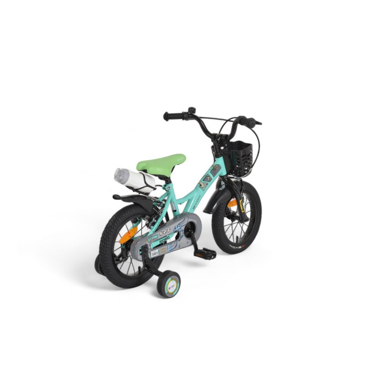 Una bicicleta infantil turquesa con ruedines, cesta y portabidón.