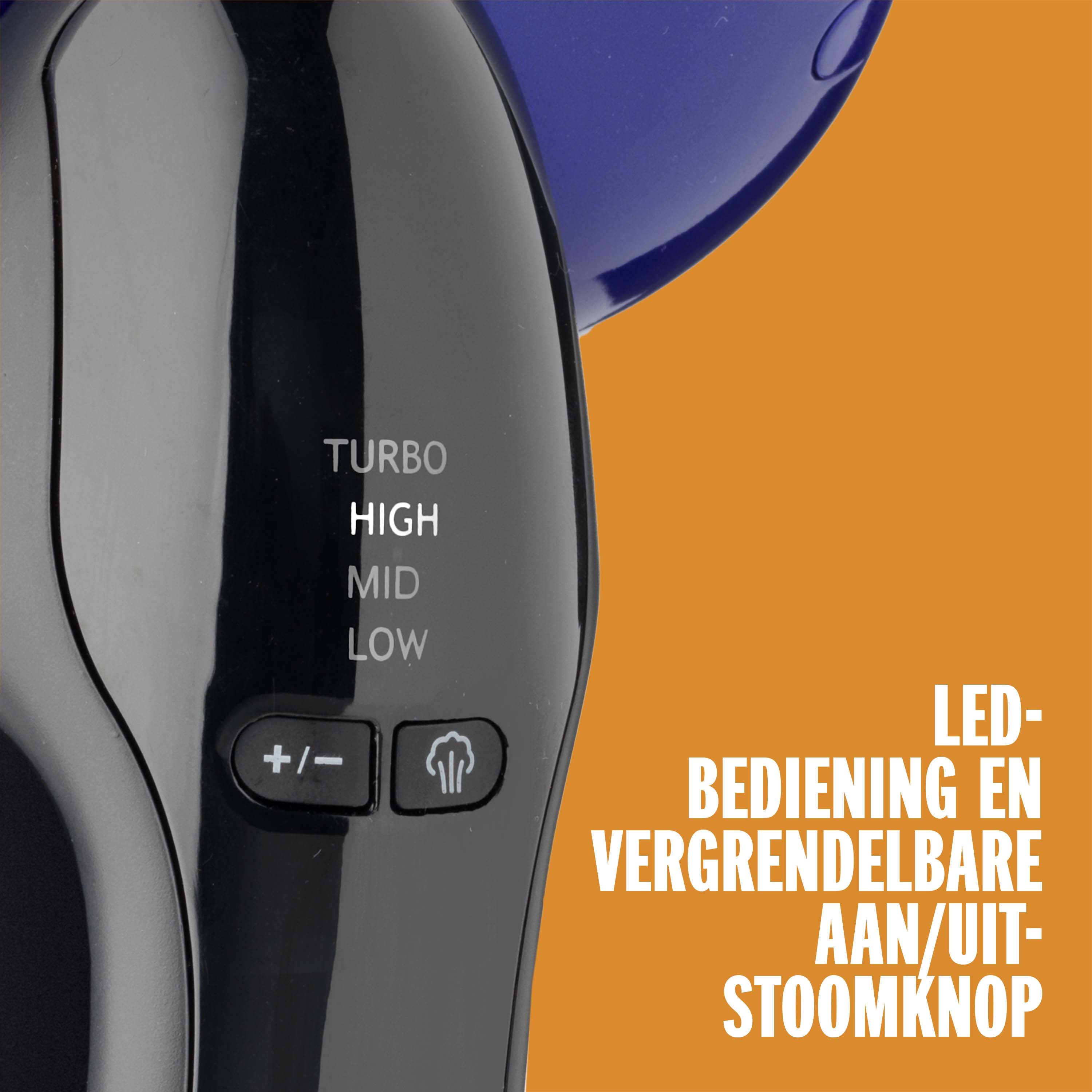 Zwarte handgreep met bedieningselementen: Turbo, High, Mid, Low, +/- en stoomsymbool.