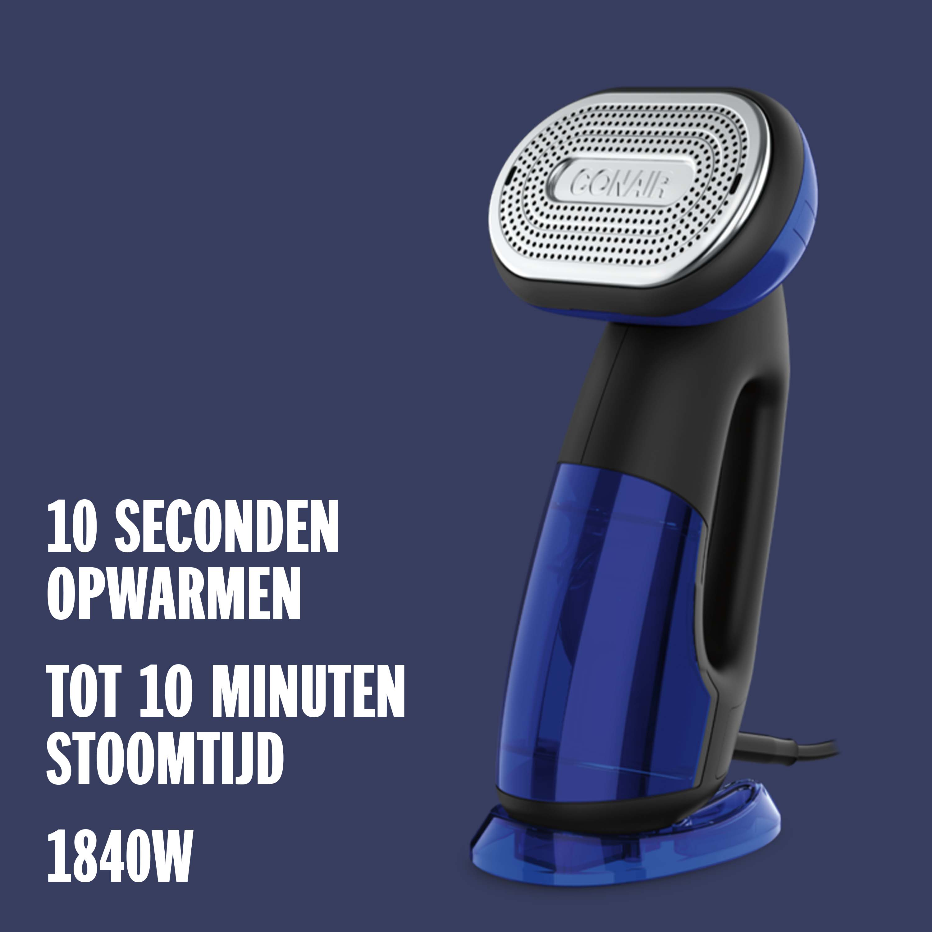 Een blauwe en zwarte kledingstomer met tekst.