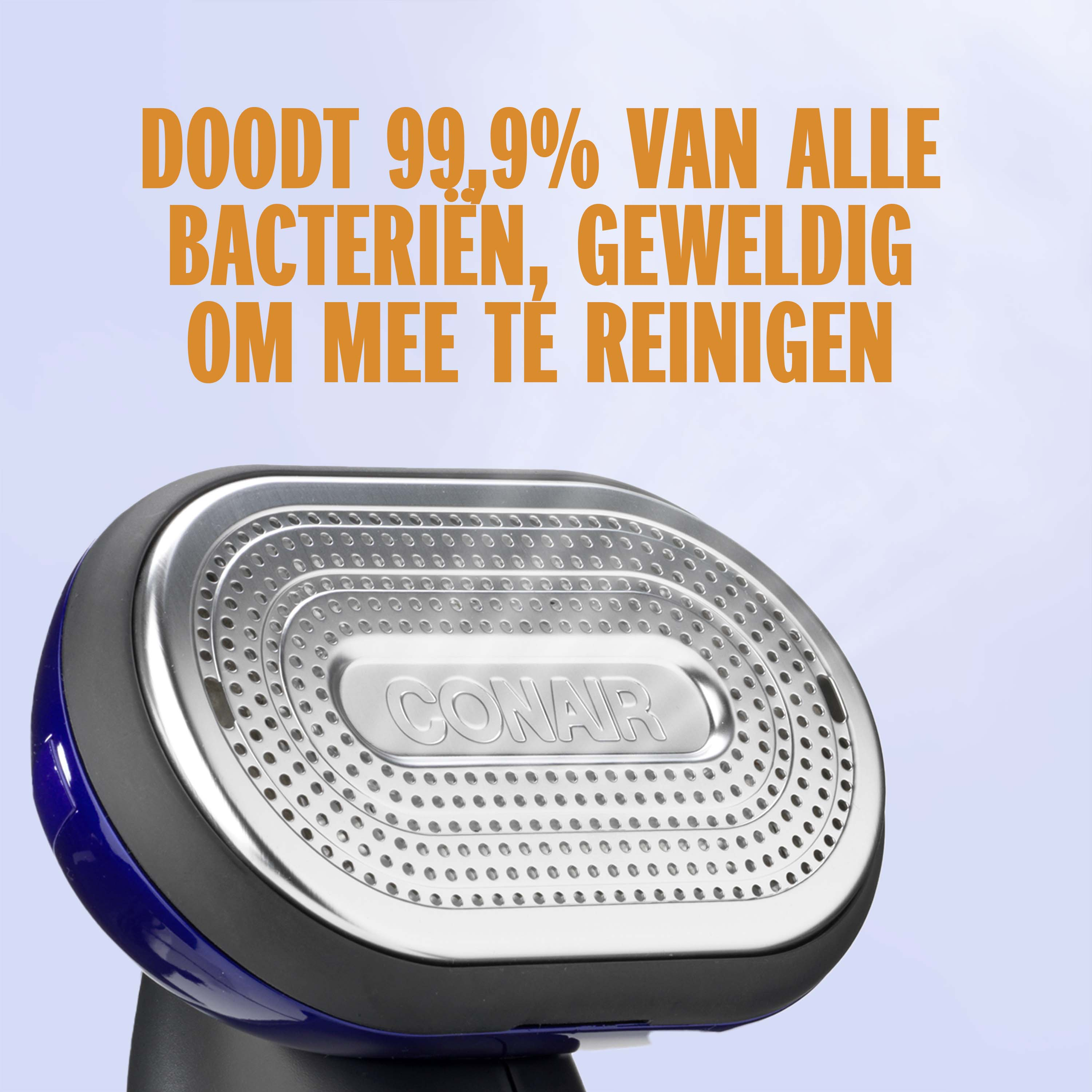 Een blauw Conair apparaat met een zilverkleurige metalen kop met veel kleine gaatjes.