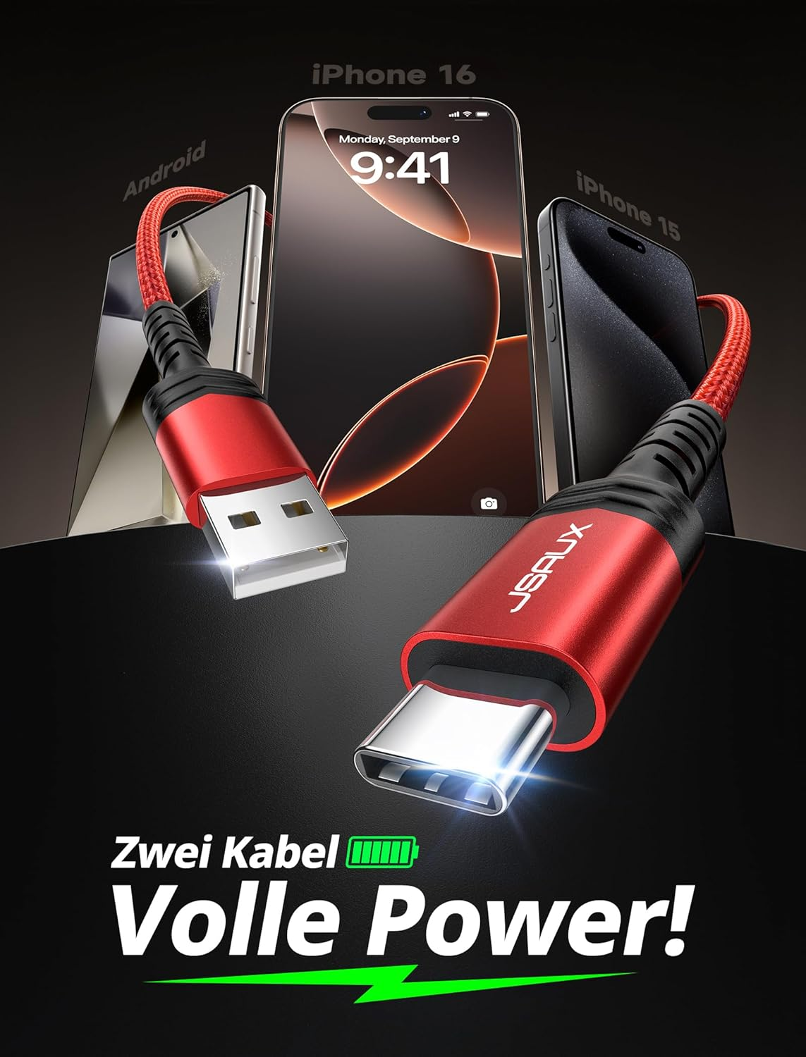 Dwa czerwone kable ładujące USB-C i USB-A przed iPhone'ami.