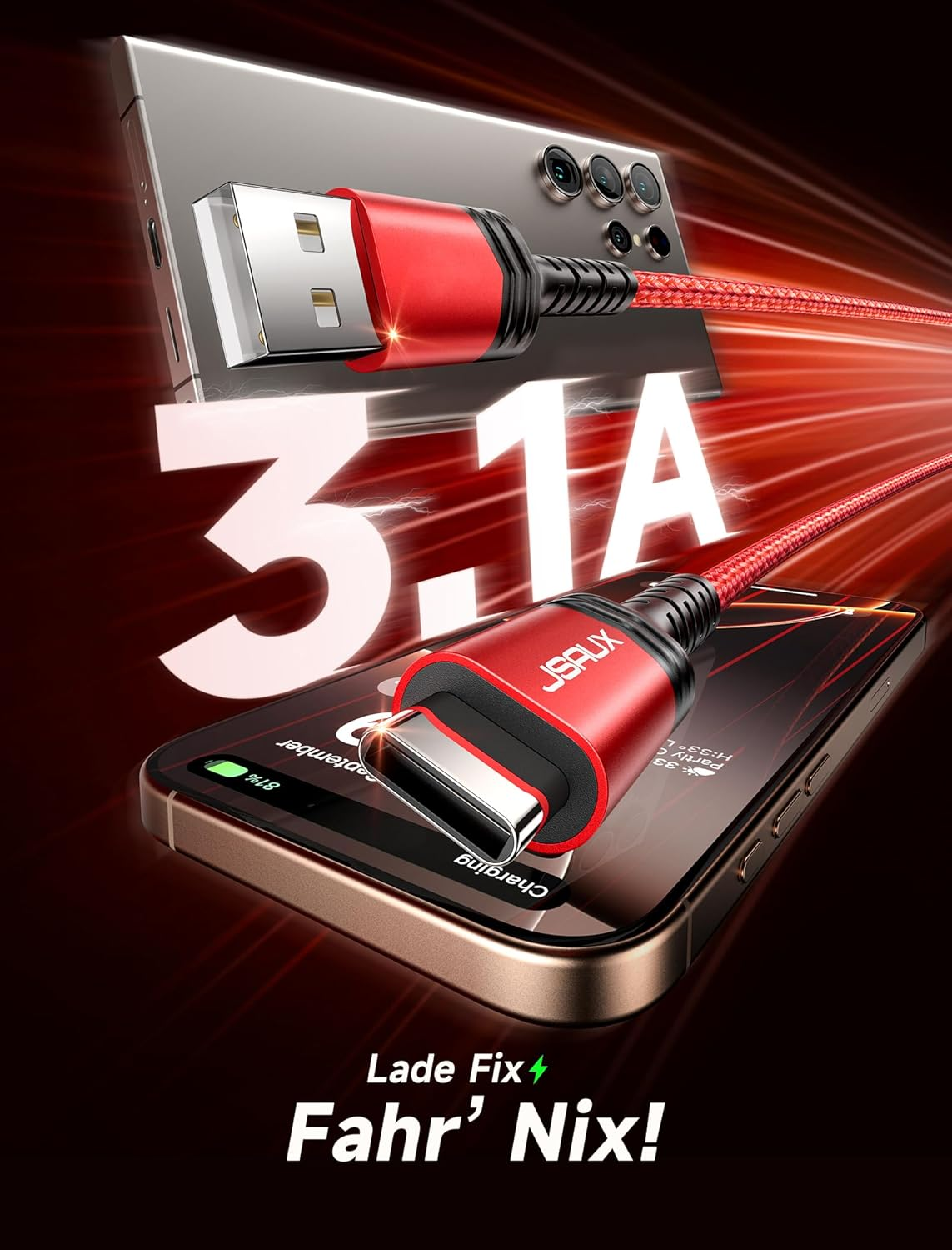 Czerwony kabel ładujący USB-C 3.1A podłączony do smartfona.