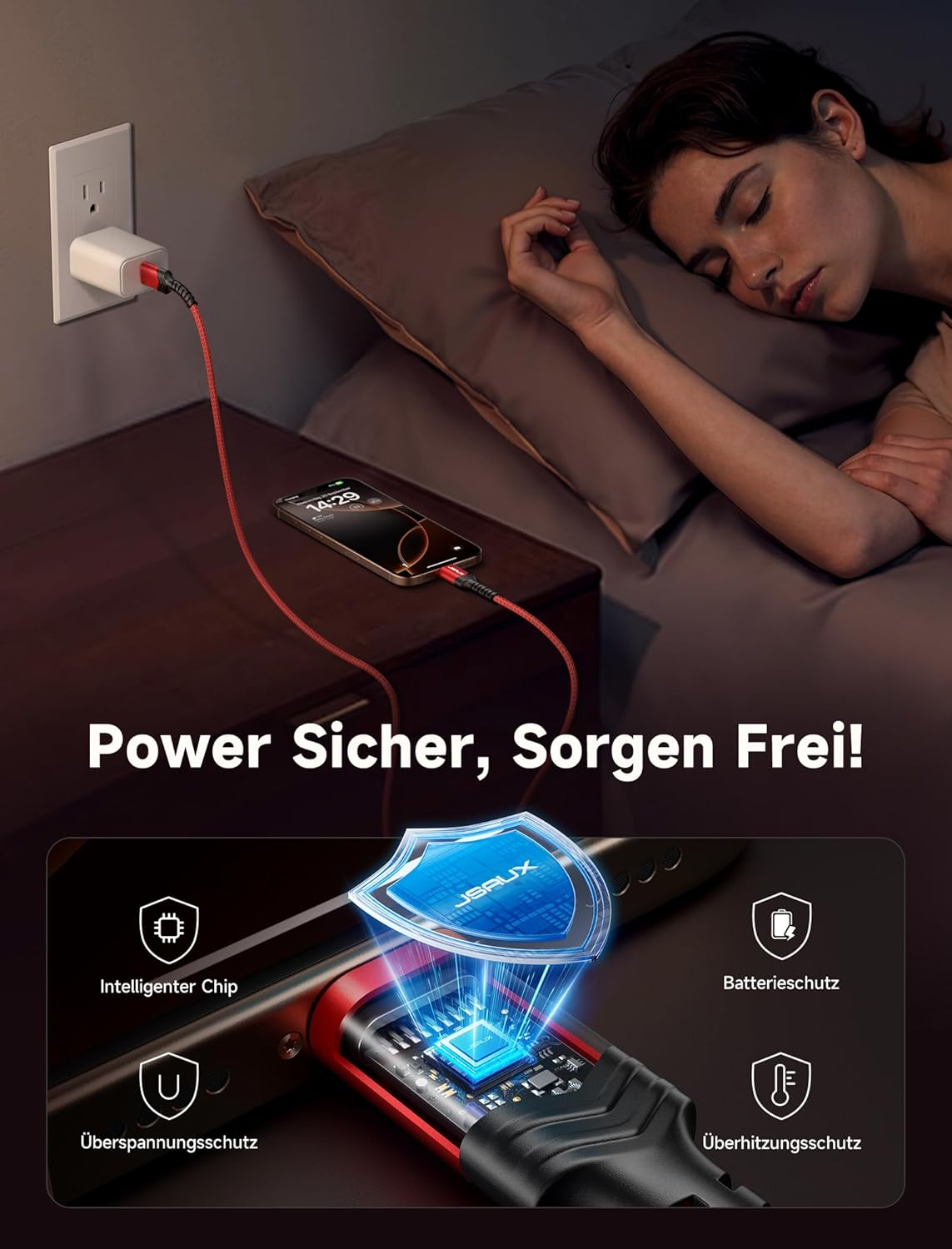 Telefon ładuje się obok śpiącej kobiety. Adapter ładujący pokazuje funkcje ochrony.