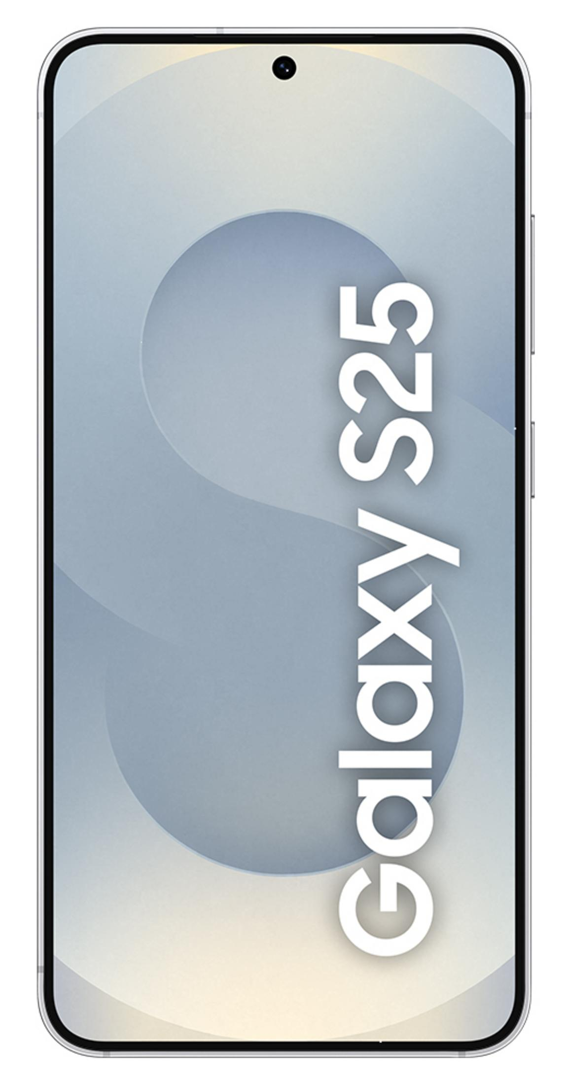Ein Smartphone mit dem Schriftzug "Galaxy S25" auf einem hellen Hintergrund.