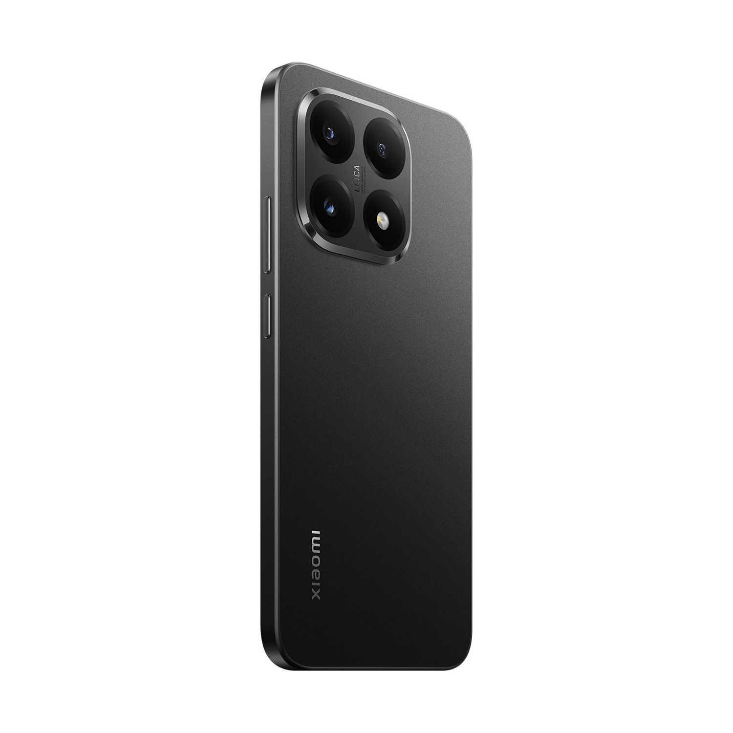 Back of a black Xiaomi smartphone with a triple camera setup and Leica branding.