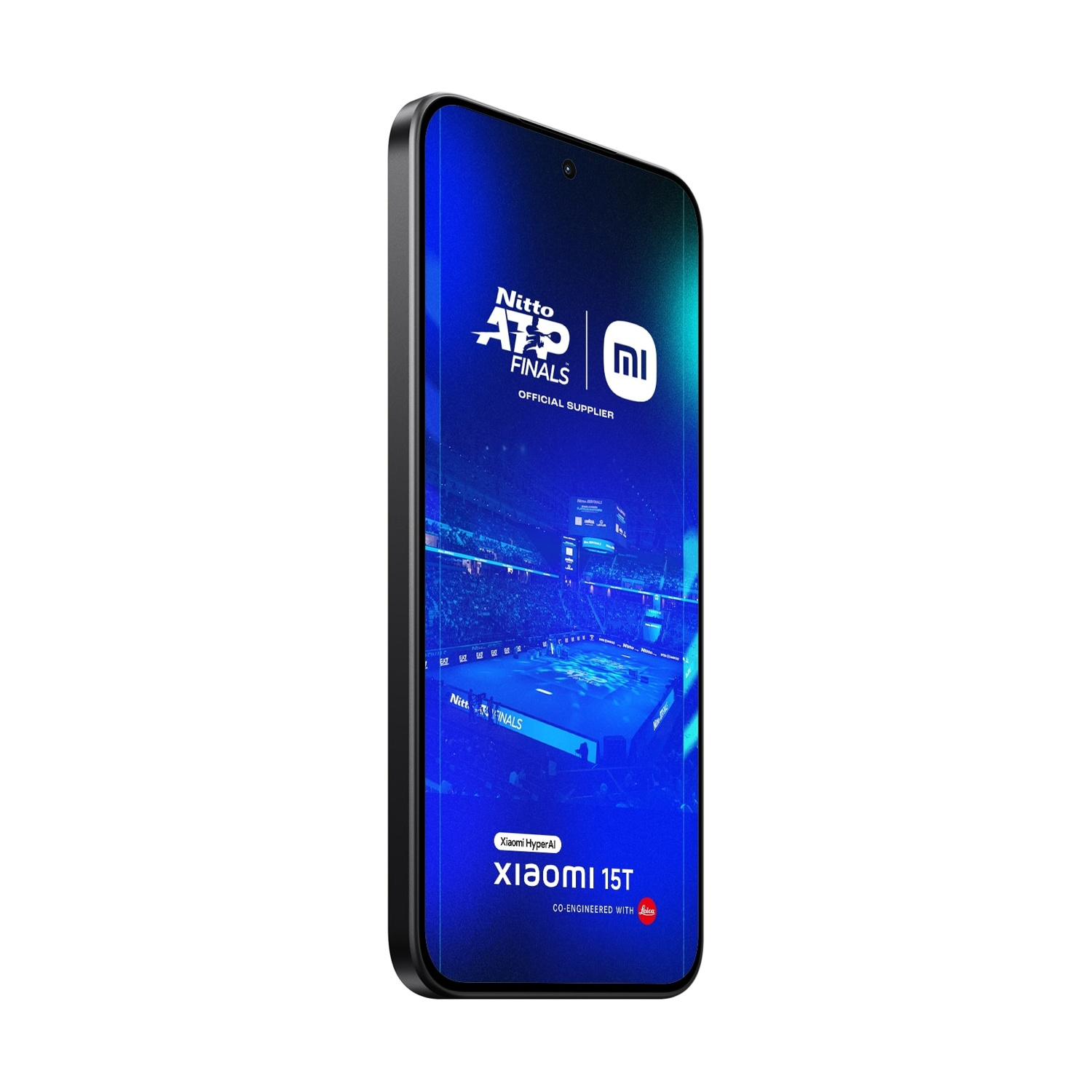 A smartphone displaying a blue background with a tennis arena.