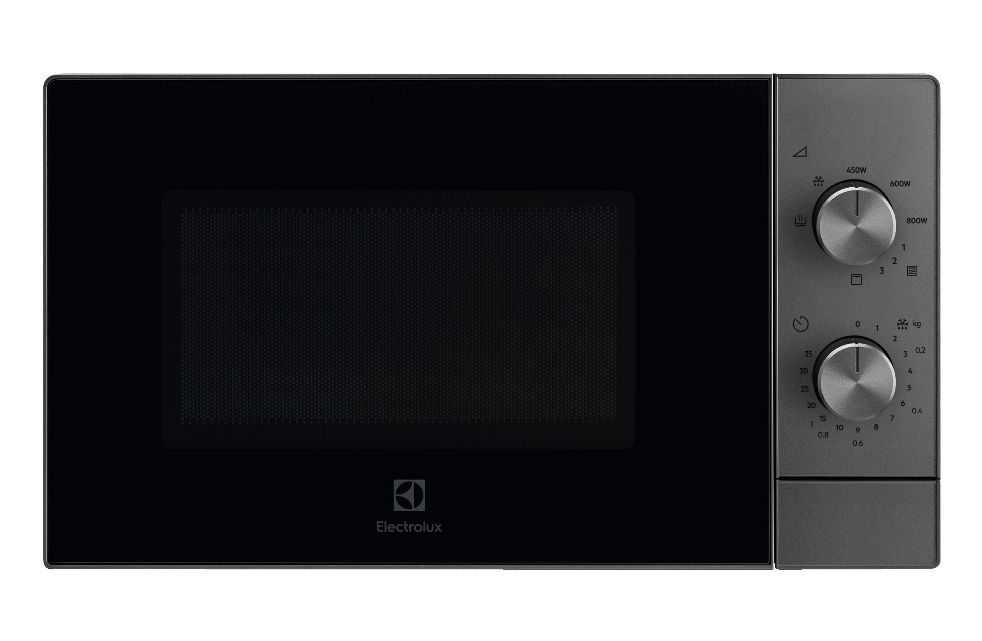 Czarna kuchenka mikrofalowa Electrolux z dwoma pokrętłami i timerem.