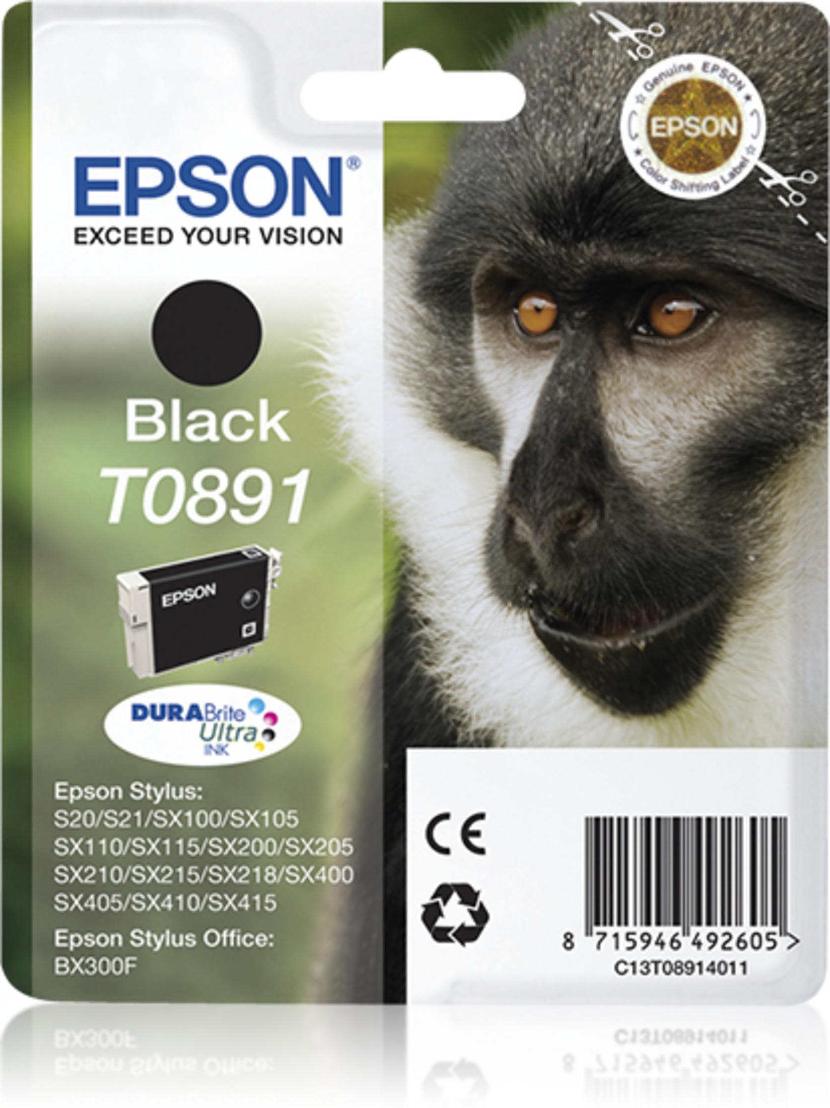Cartuccia d'inchiostro nero Epson T0891 con disegno di faccia di scimmia.