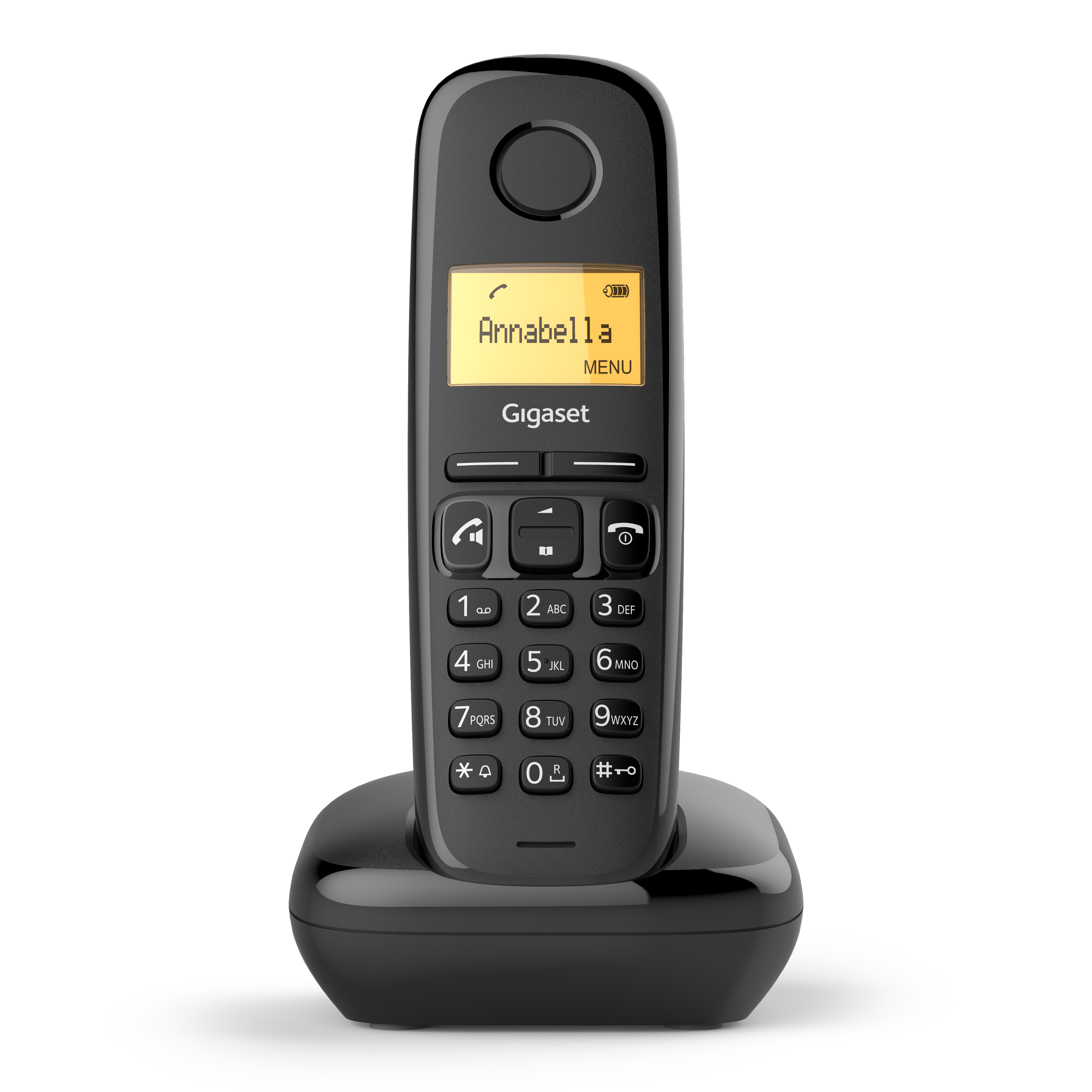Un telefono cordless nero Gigaset con display illuminato.